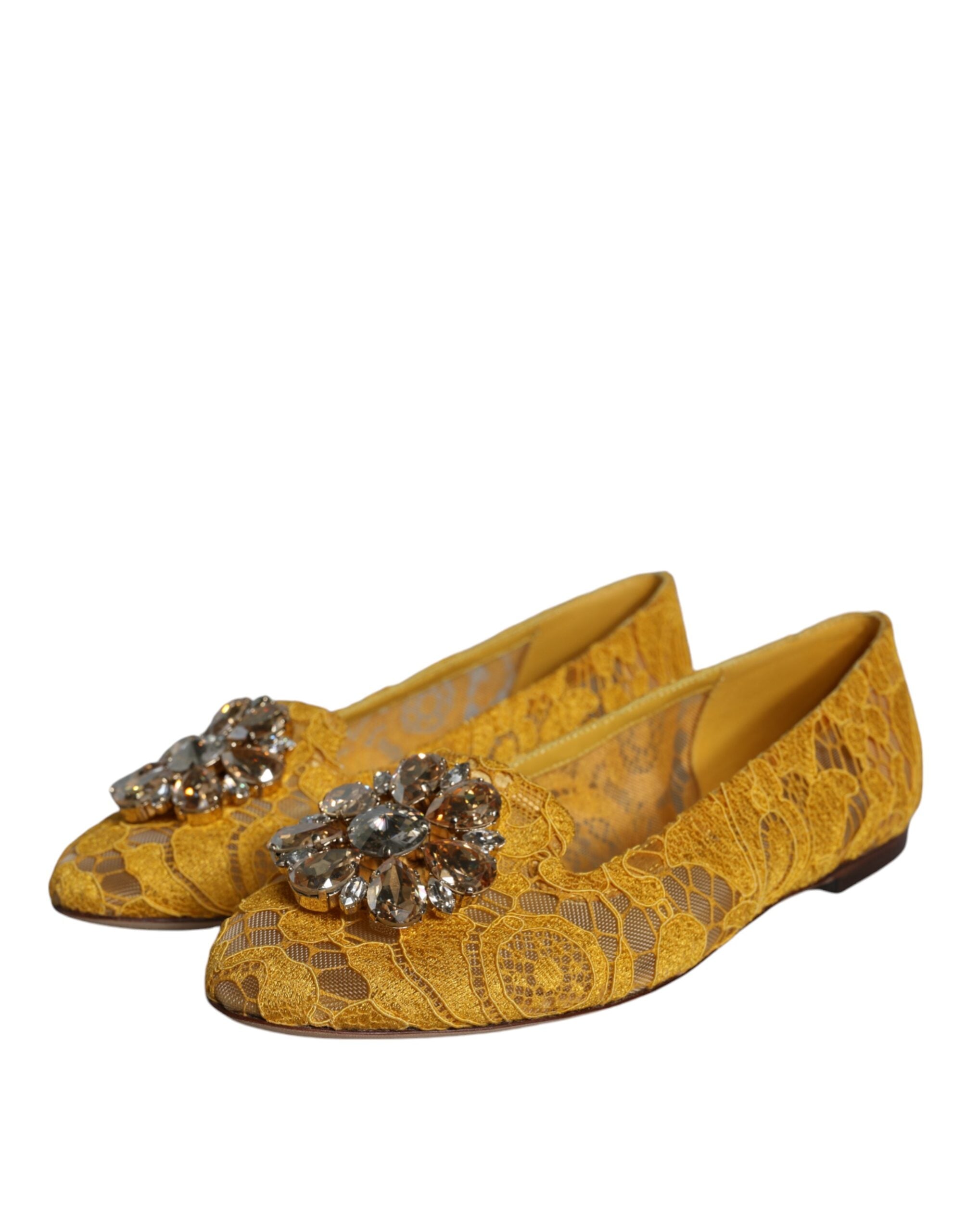 Dolce & Gabbana Mustard Lace Crystal Ballet Flats Loafer Shoes Glam Steals