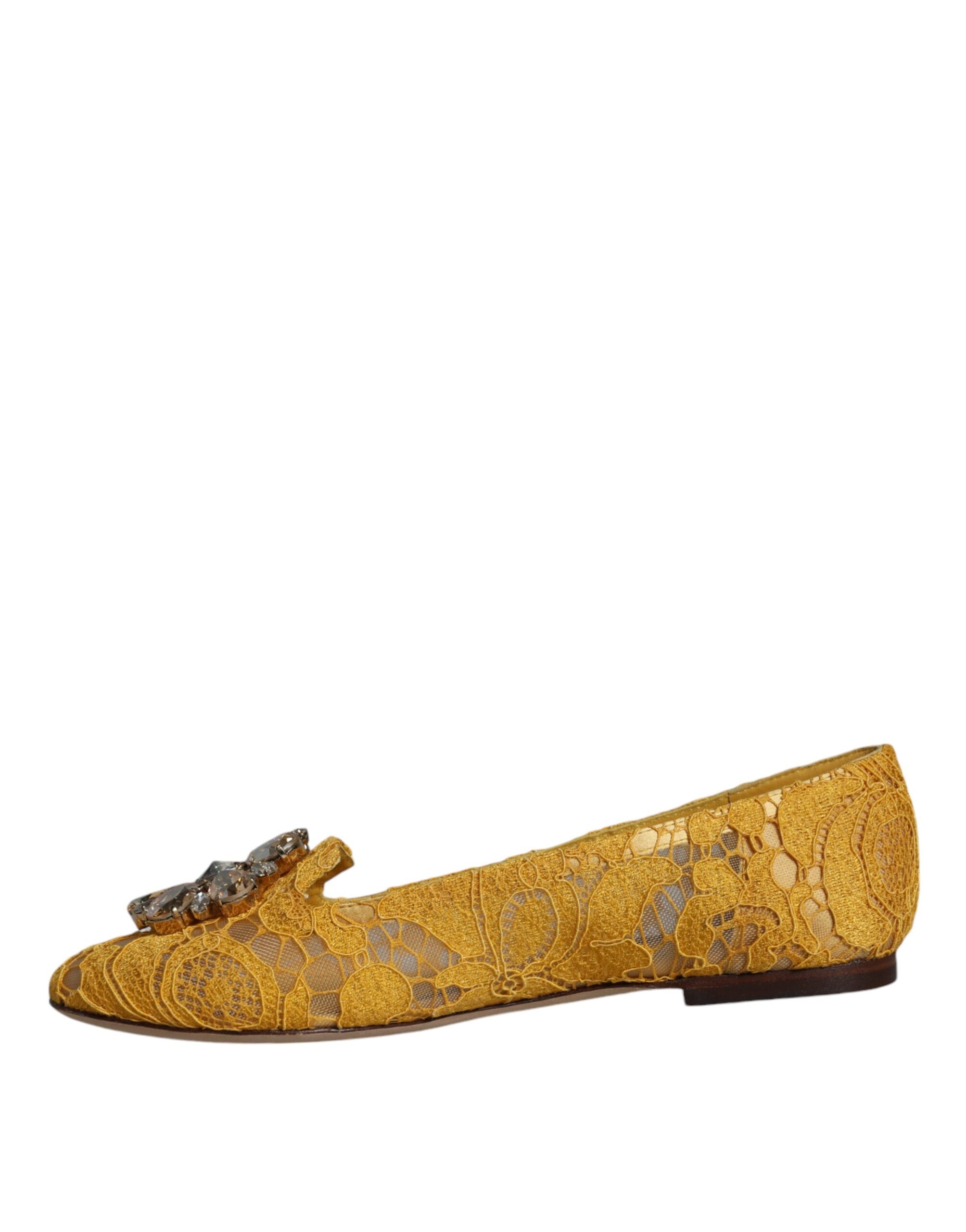 Dolce & Gabbana Mustard Lace Crystal Ballet Flats Loafer Shoes Glam Steals