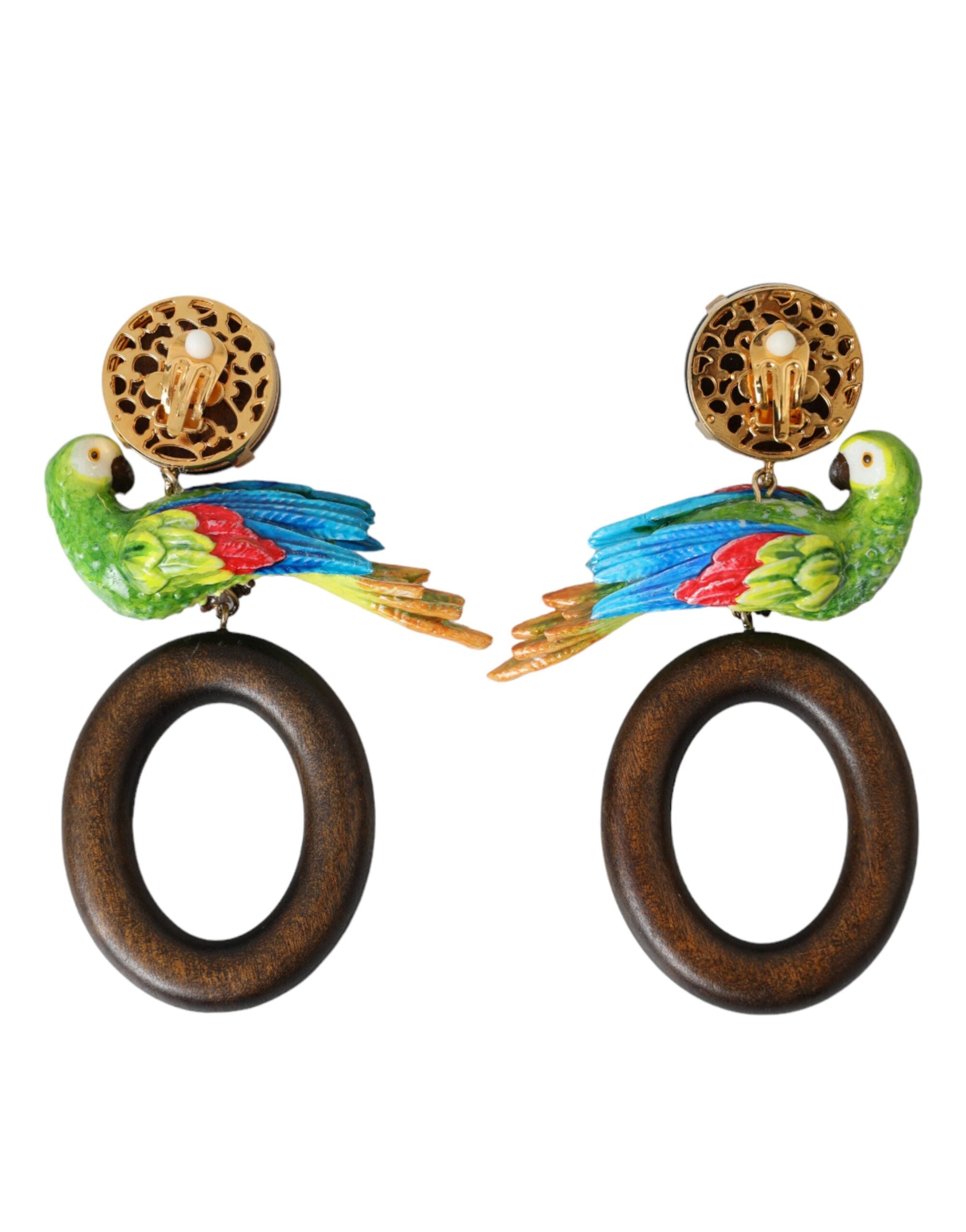 Dolce & Gabbana Parrot Wood Brass Crystal Embellished Multicolor Earrings Glam Steals