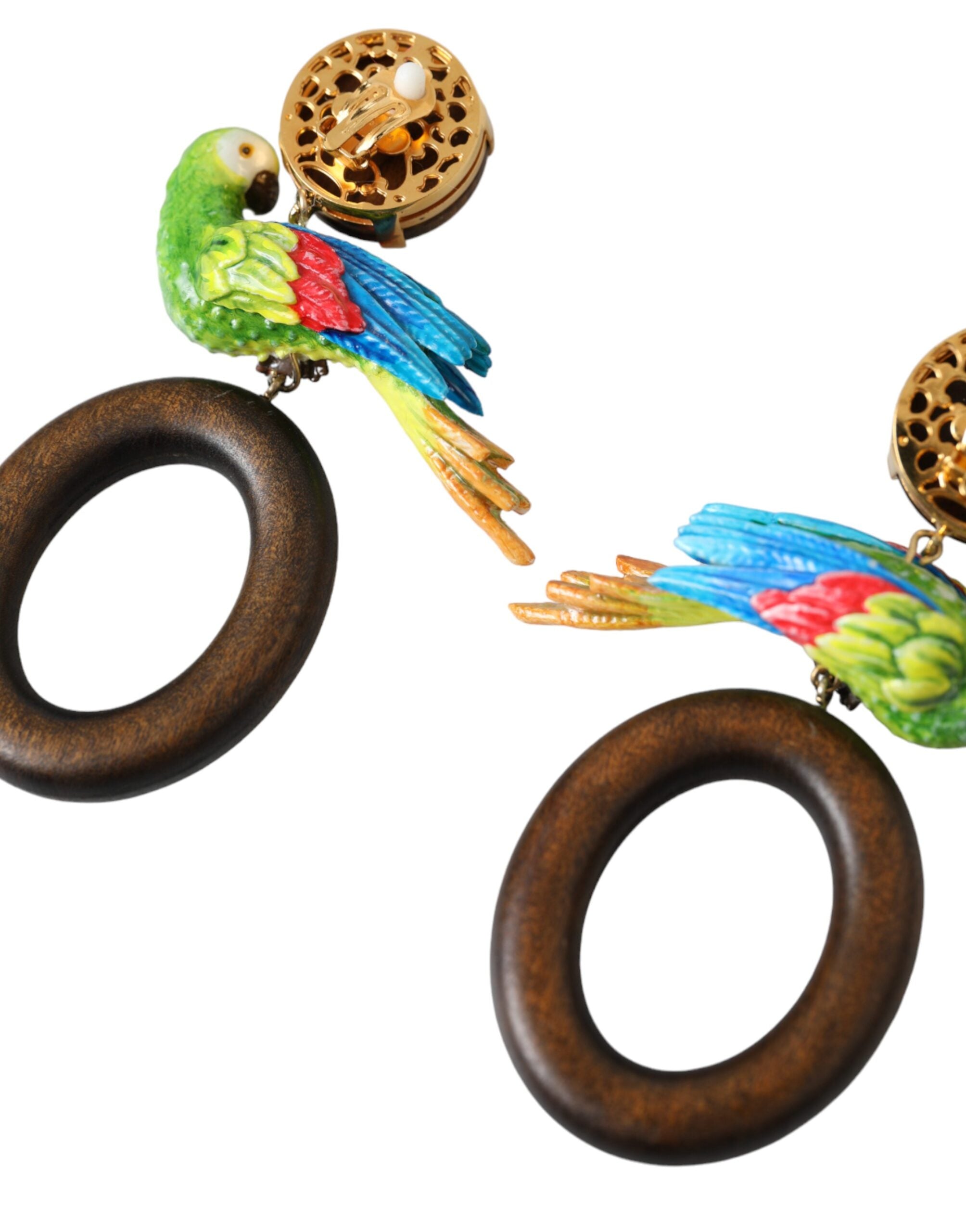 Dolce & Gabbana Parrot Wood Brass Crystal Embellished Multicolor Earrings Glam Steals