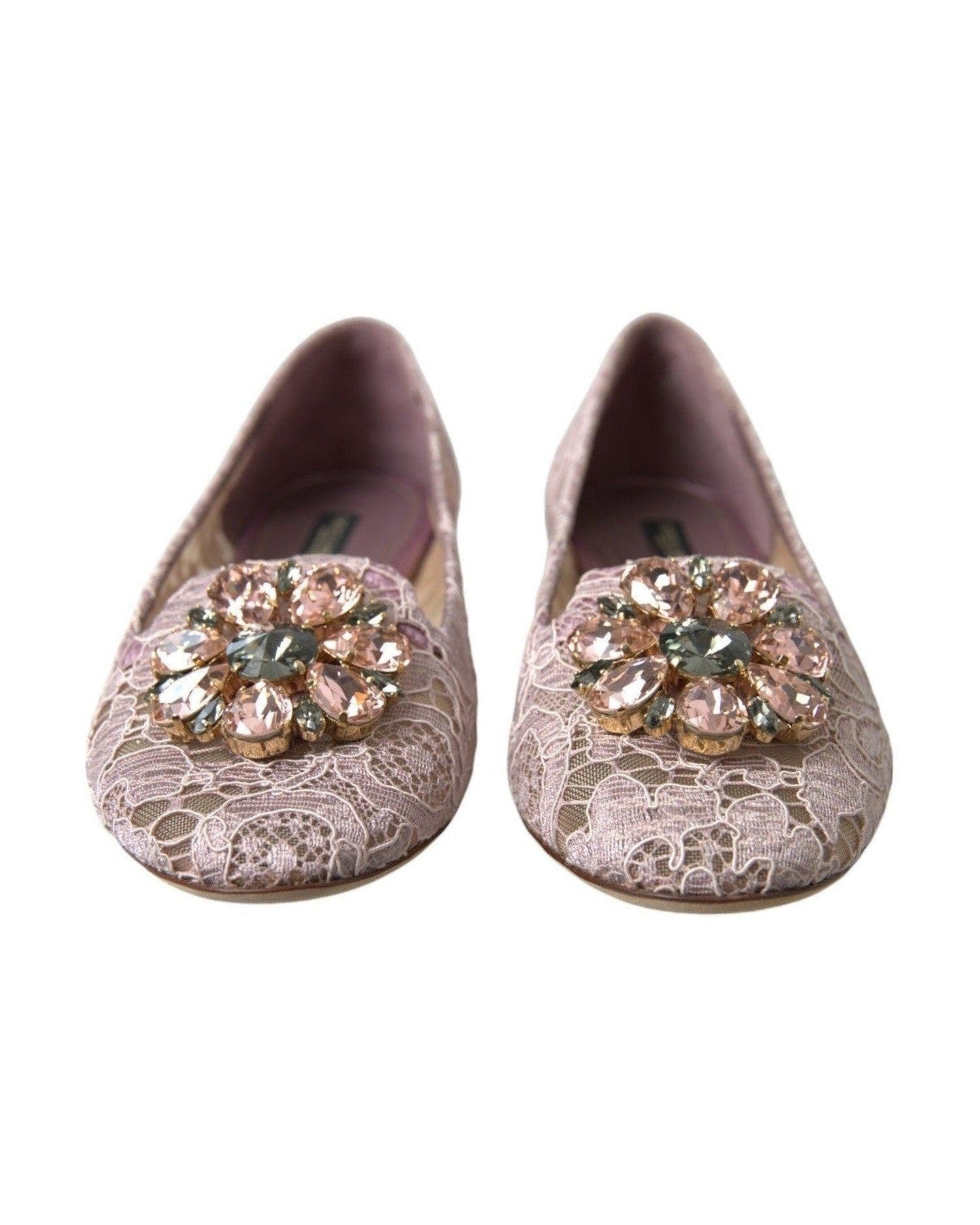 Dolce & Gabbana Pink Lace Crystal Ballet Flats Loafers Shoes Flats