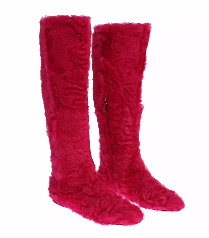 Dolce & Gabbana Pink Lamb Fur Leather Flat Boots Shoes Glam Steals