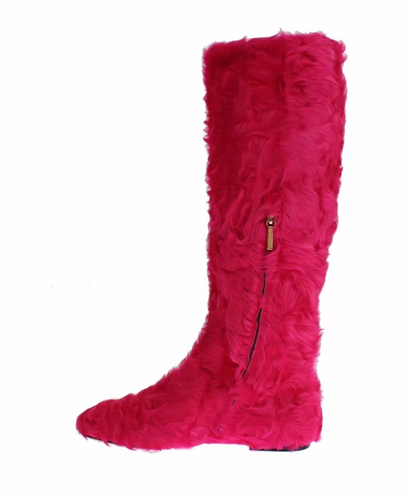 Dolce & Gabbana Pink Lamb Fur Leather Flat Boots Shoes Glam Steals