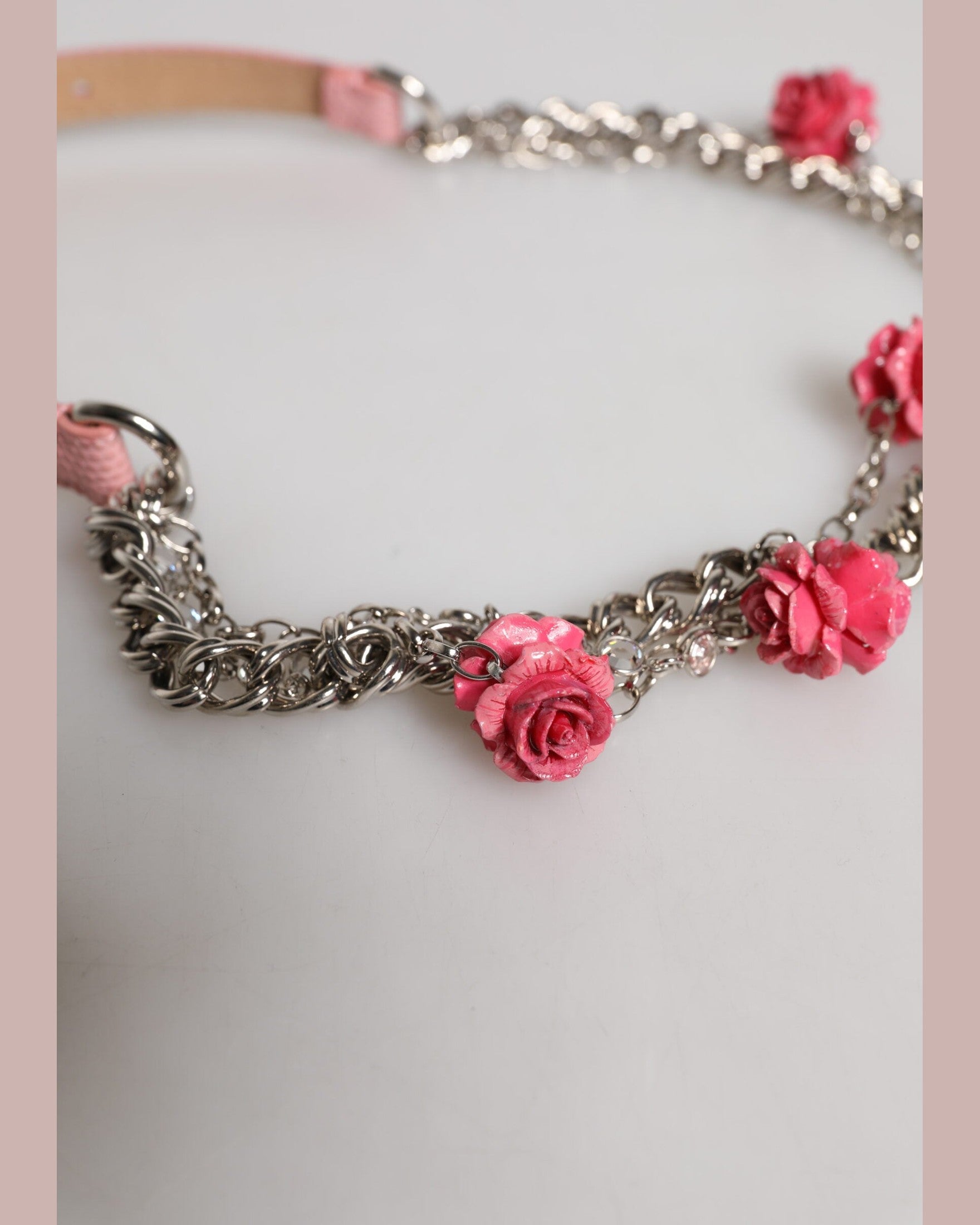 Dolce & Gabbana Pink Leather Embelished Roses Textured Belt Glam Steals