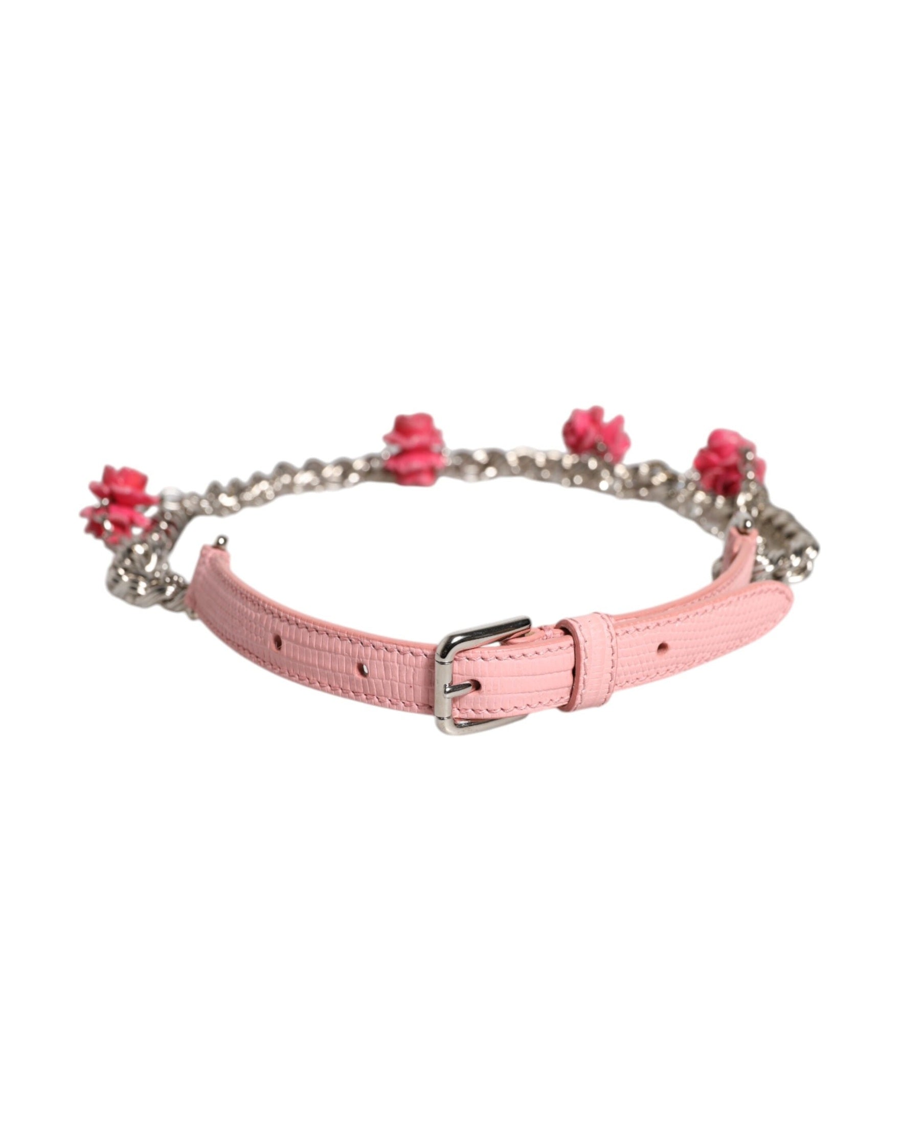 Dolce & Gabbana Pink Leather Embelished Roses Textured Belt Glam Steals