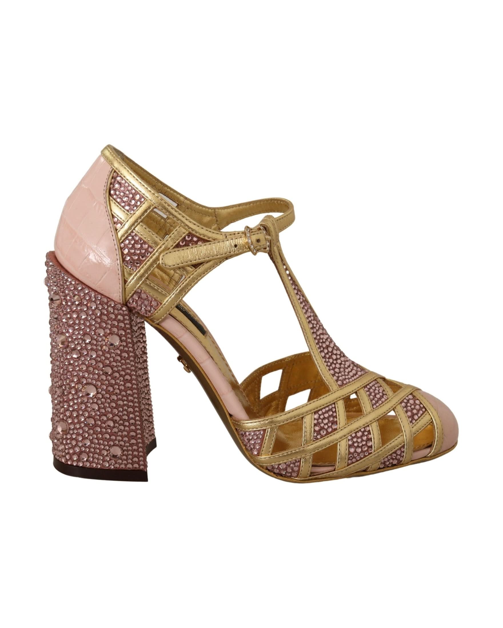 Dolce & Gabbana Pink Leather Gold Crystal Pumps T Strap Shoes Heels