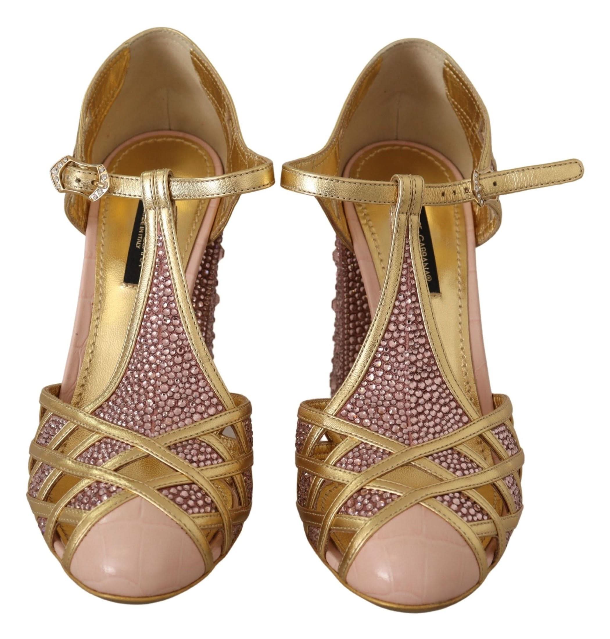 Dolce & Gabbana Pink Leather Gold Crystal Pumps T Strap Shoes Heels