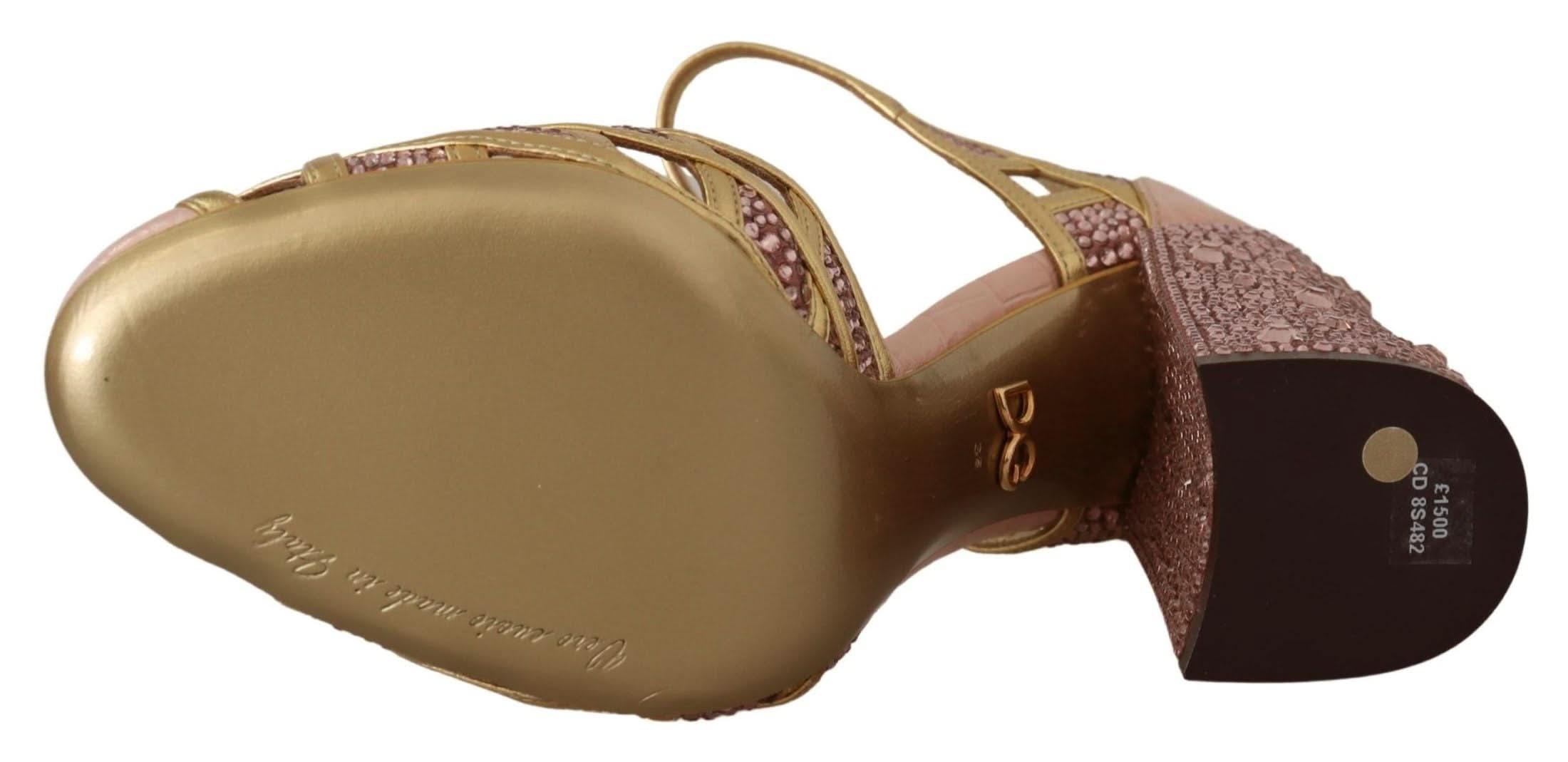 Dolce & Gabbana Pink Leather Gold Crystal Pumps T Strap Shoes Heels