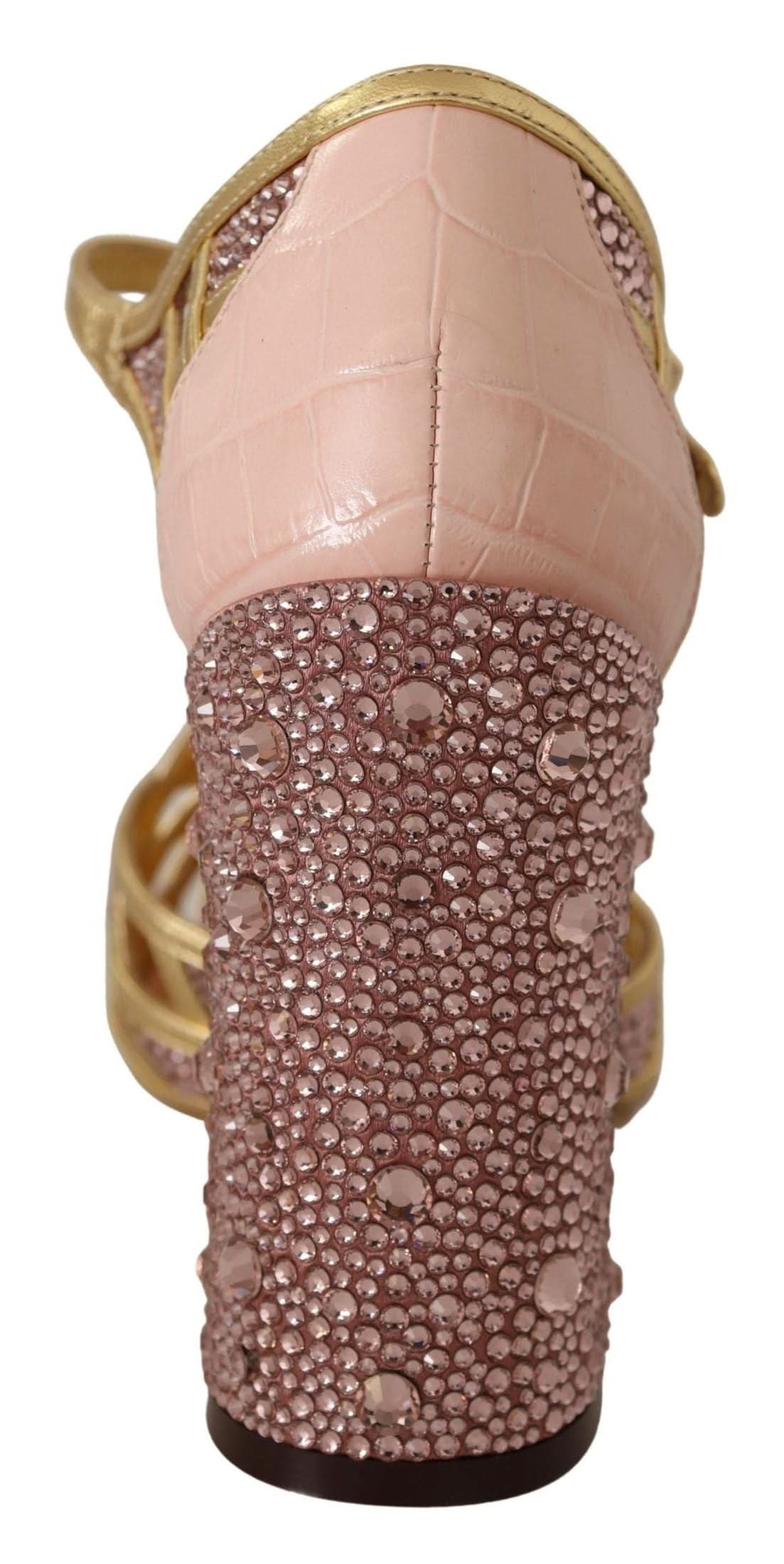 Dolce & Gabbana Pink Leather Gold Crystal Pumps T Strap Shoes Heels