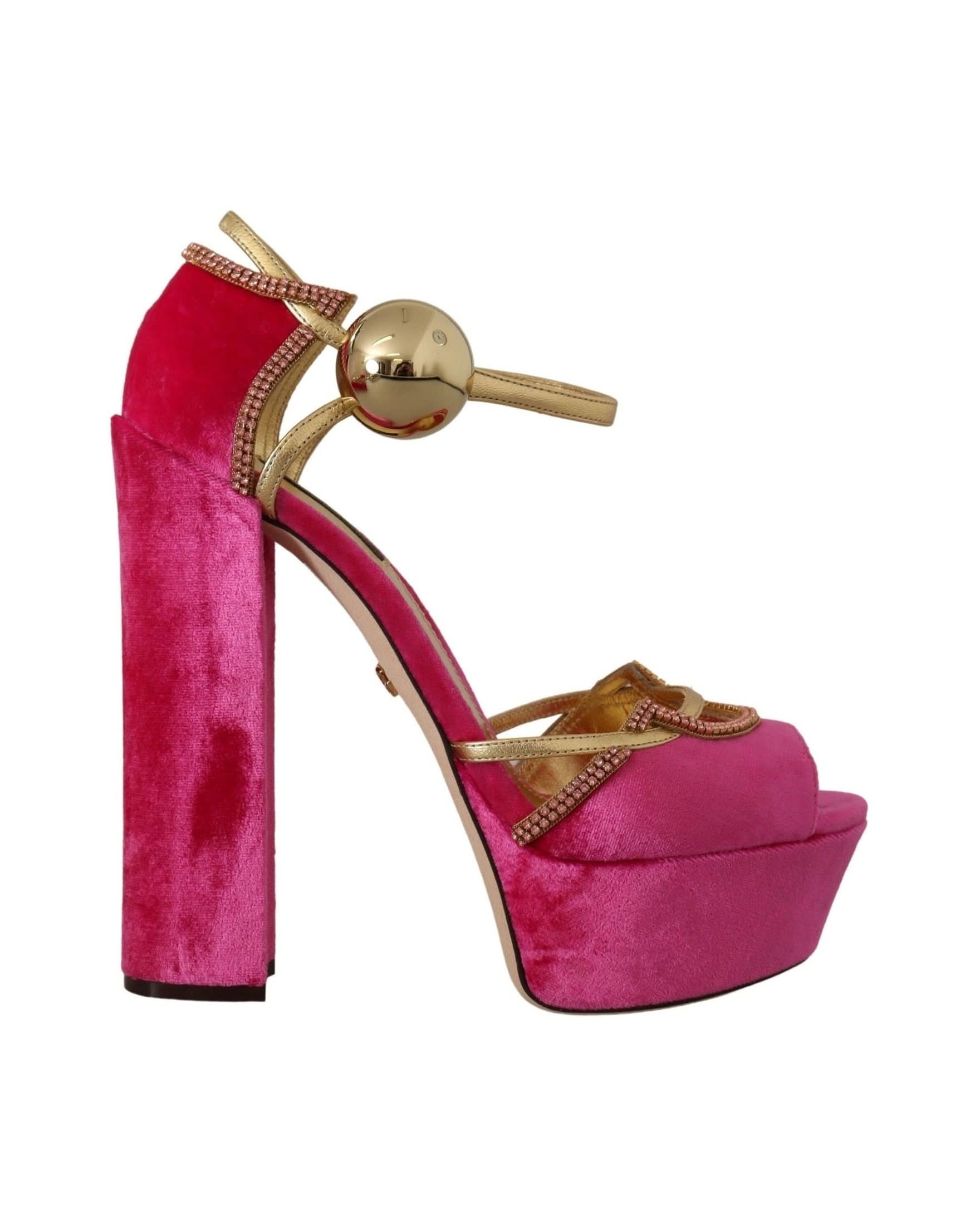 Dolce & Gabbana Pink Velvet Crystal Ankle Strap Sandals Shoes Heels