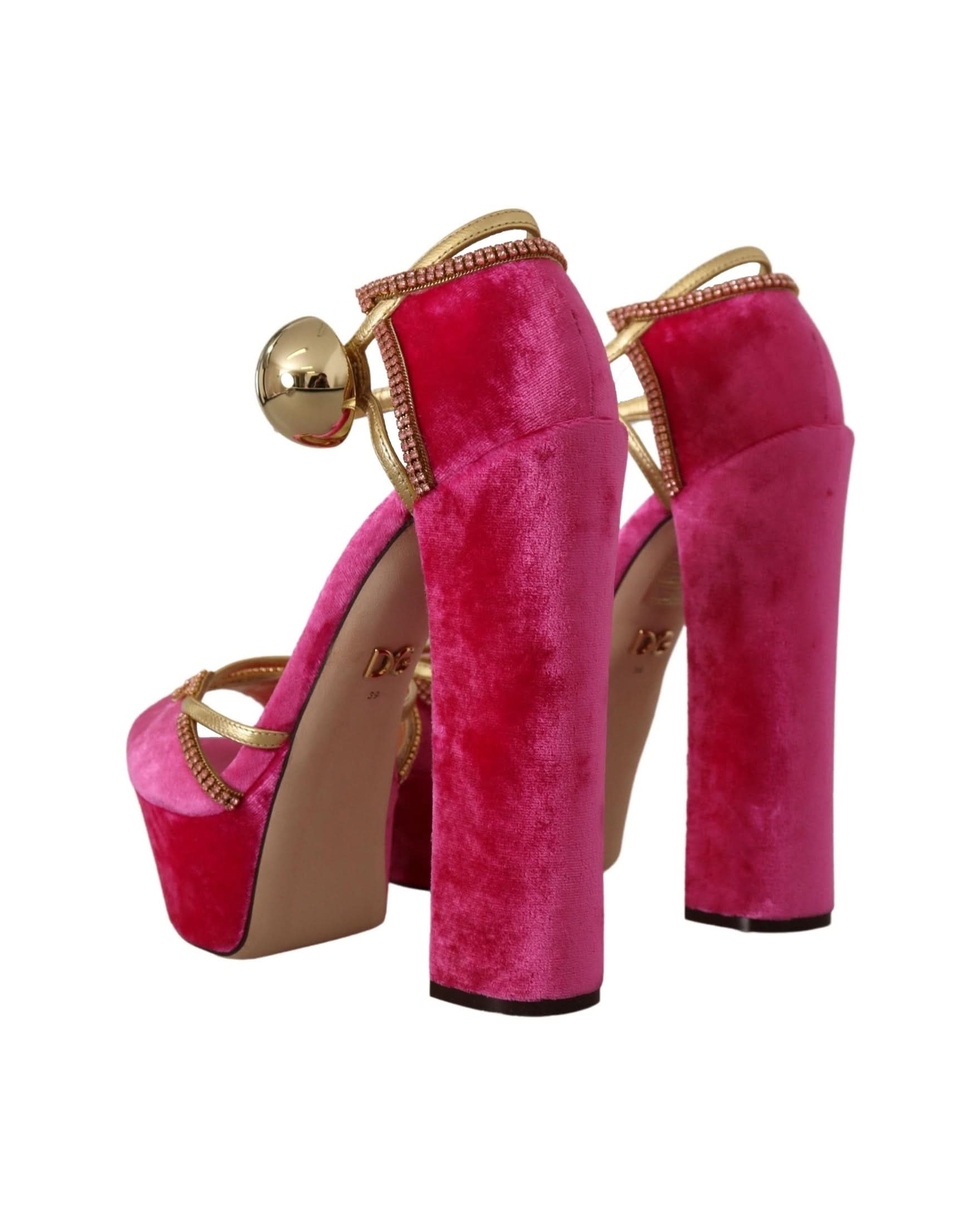Dolce & Gabbana Pink Velvet Crystal Ankle Strap Sandals Shoes Heels