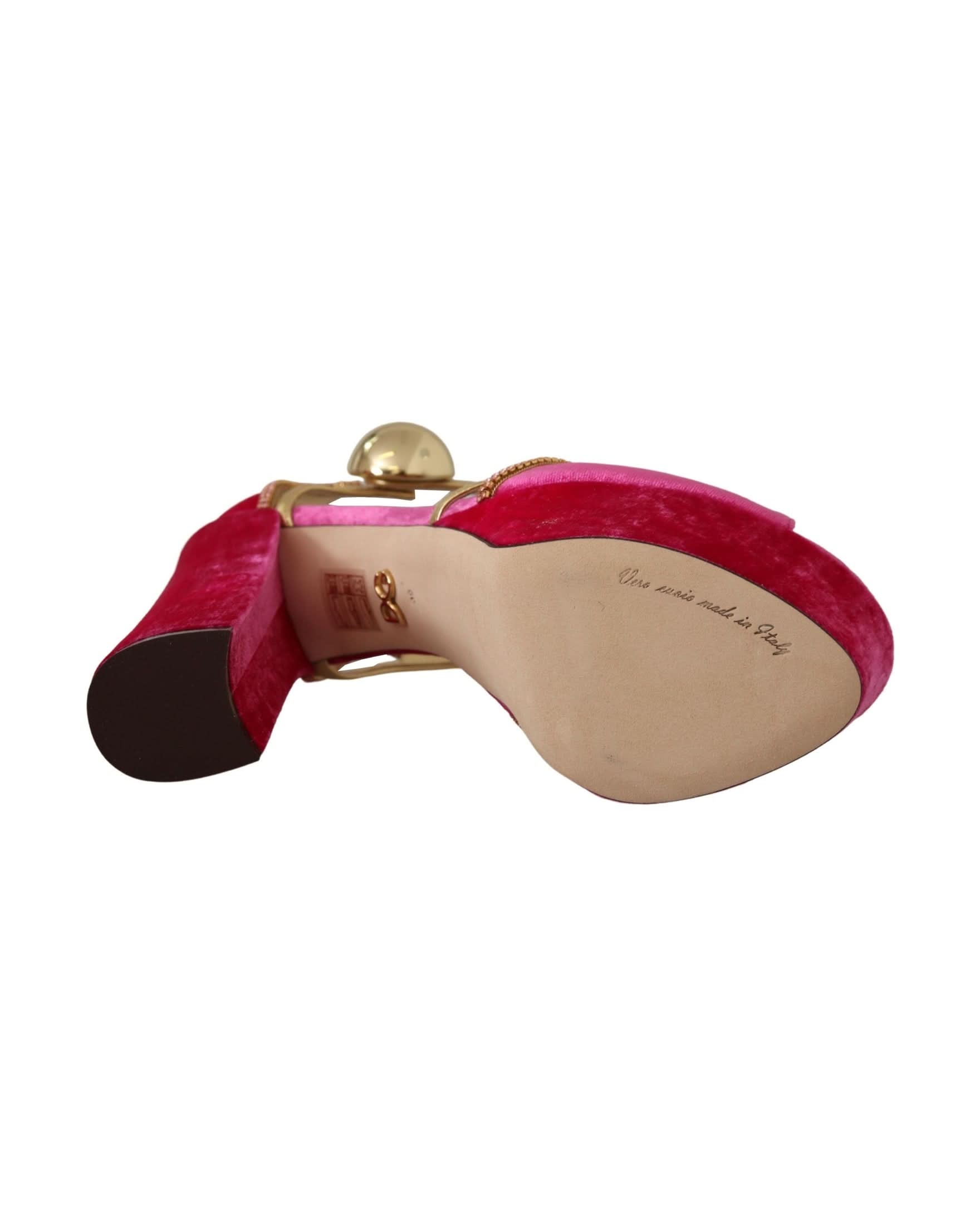 Dolce & Gabbana Pink Velvet Crystal Ankle Strap Sandals Shoes Heels
