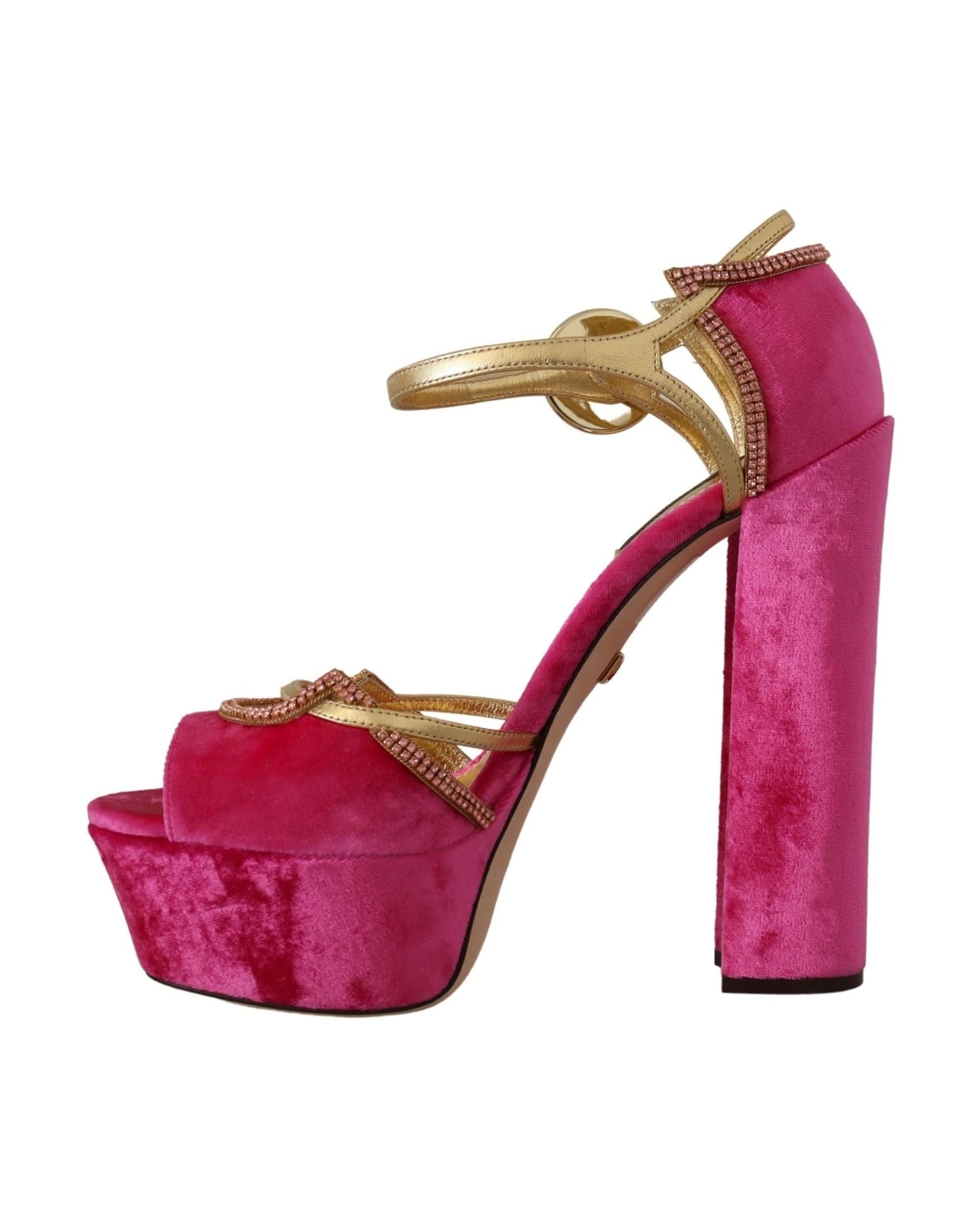 Dolce & Gabbana Pink Velvet Crystal Ankle Strap Sandals Shoes Heels