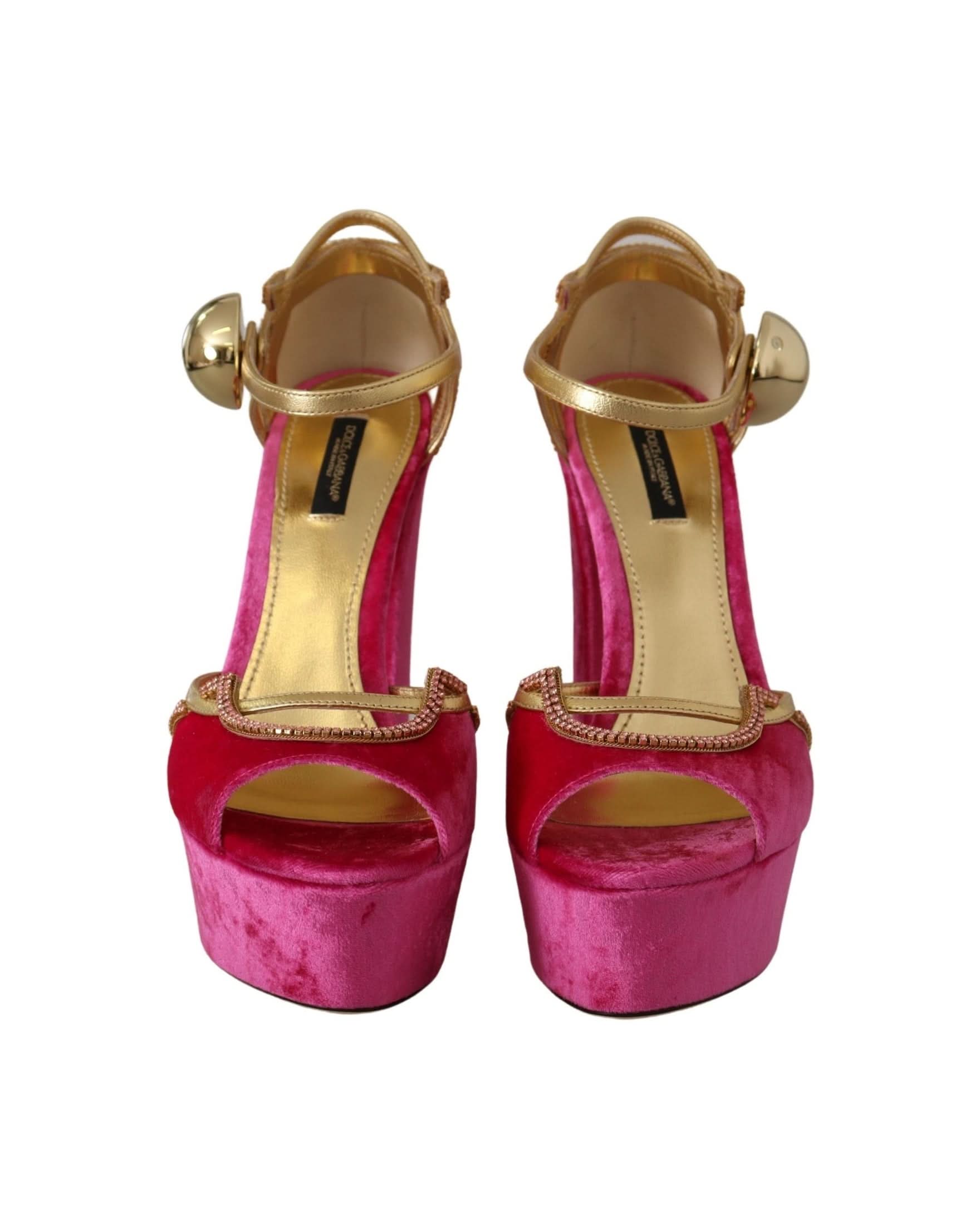 Dolce & Gabbana Pink Velvet Crystal Ankle Strap Sandals Shoes Heels