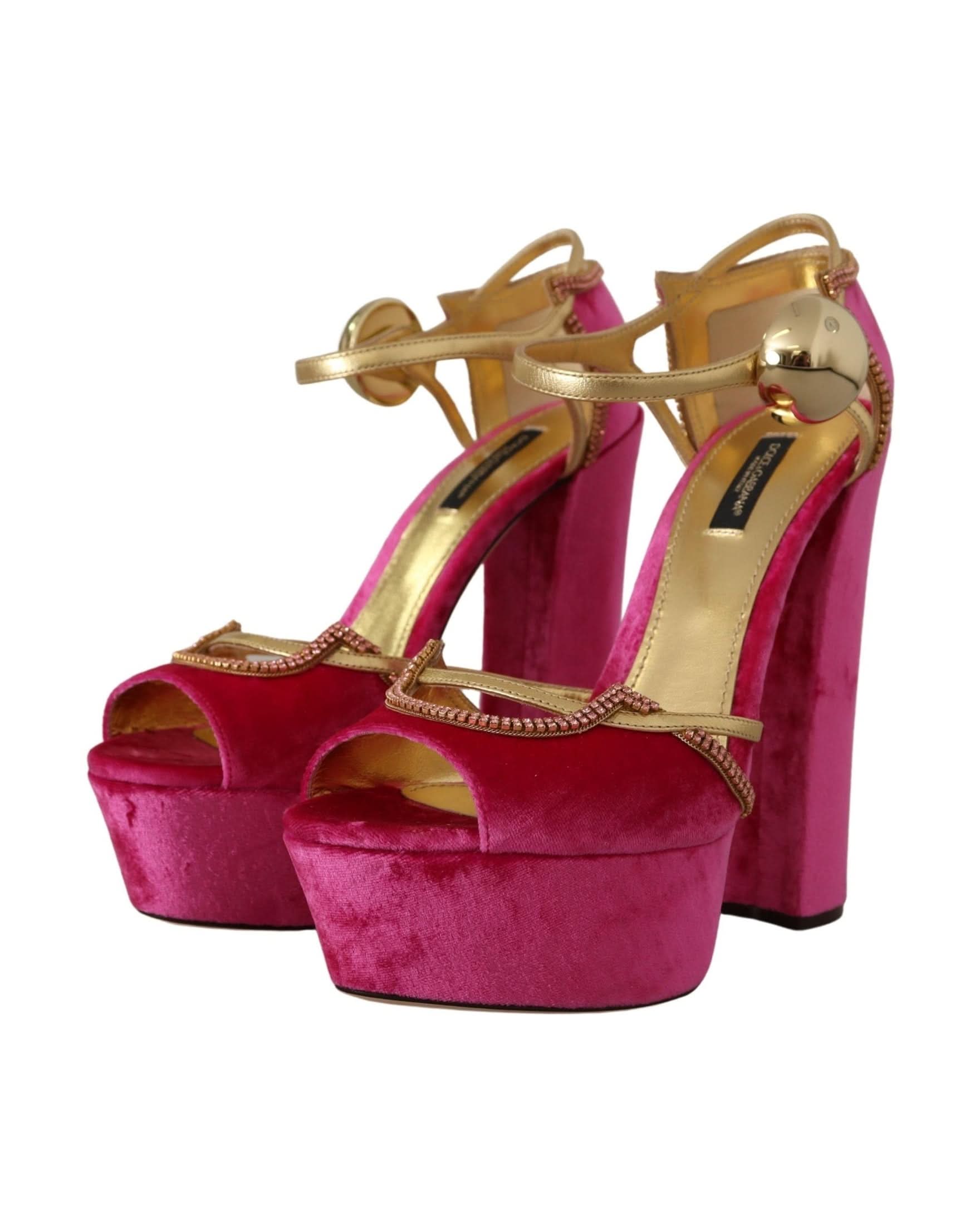 Dolce & Gabbana Pink Velvet Crystal Ankle Strap Sandals Shoes Heels