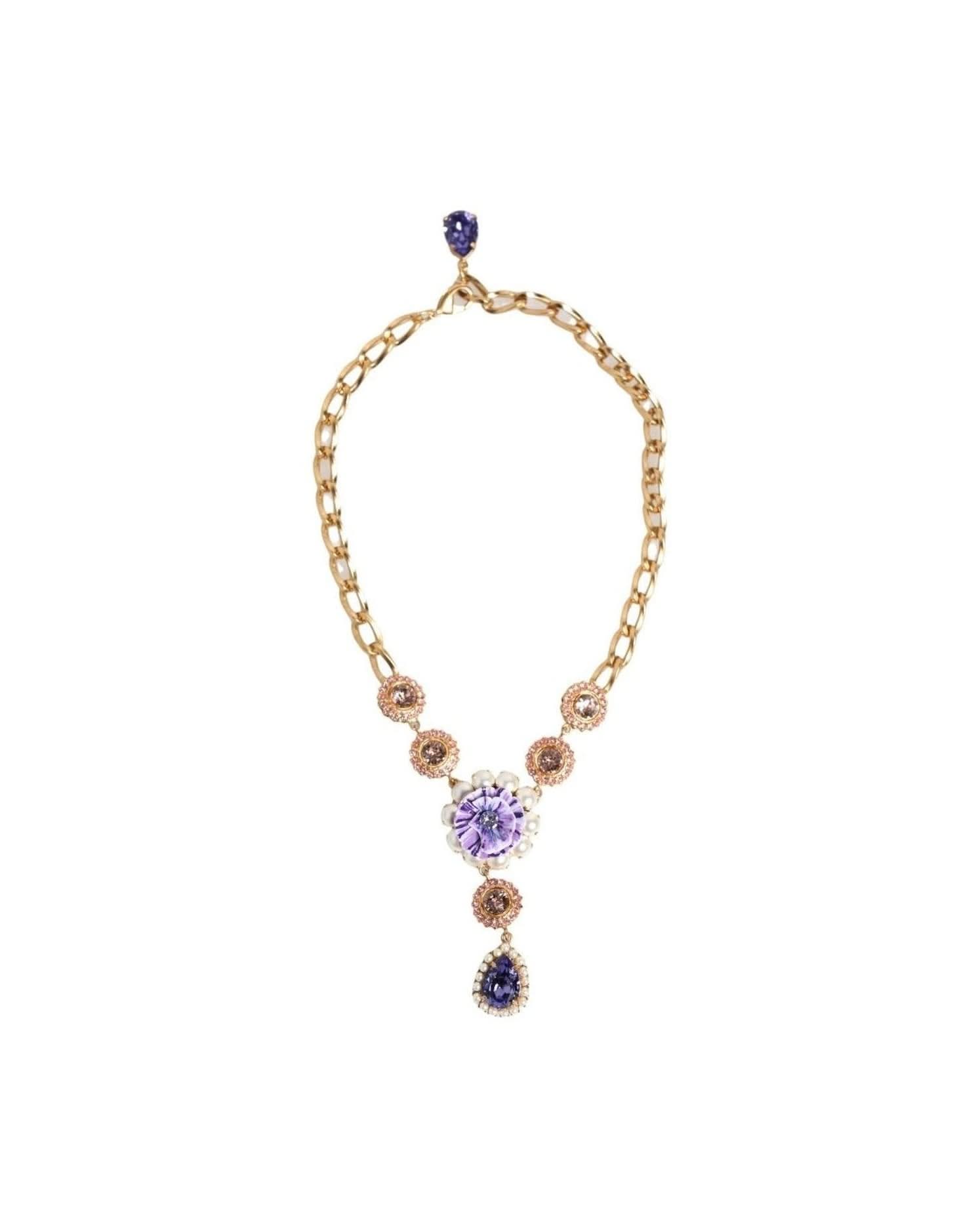 Dolce & Gabbana Purple Brass Crystal Pearl Floral Pendant Jewelry Necklace Necklaces