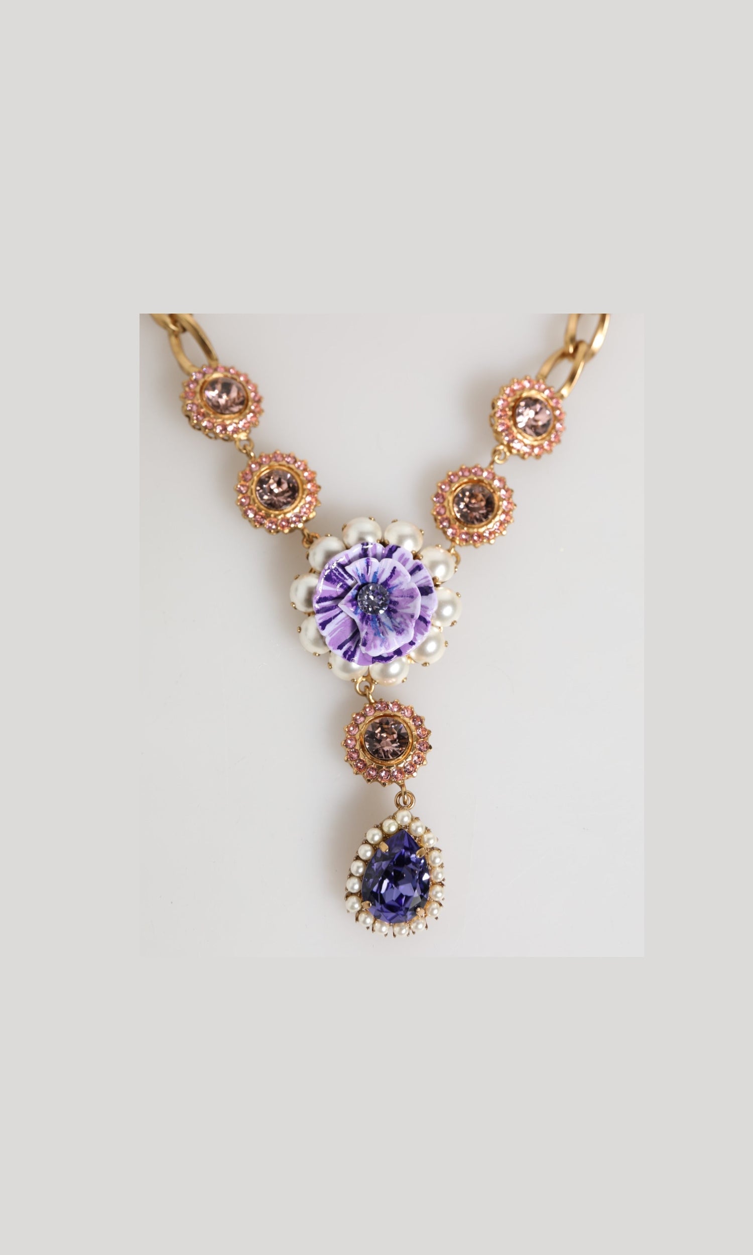 Dolce & Gabbana Purple Gold Brass Crystal Pearl Floral Pendant Jewelry Necklace Glam Steals