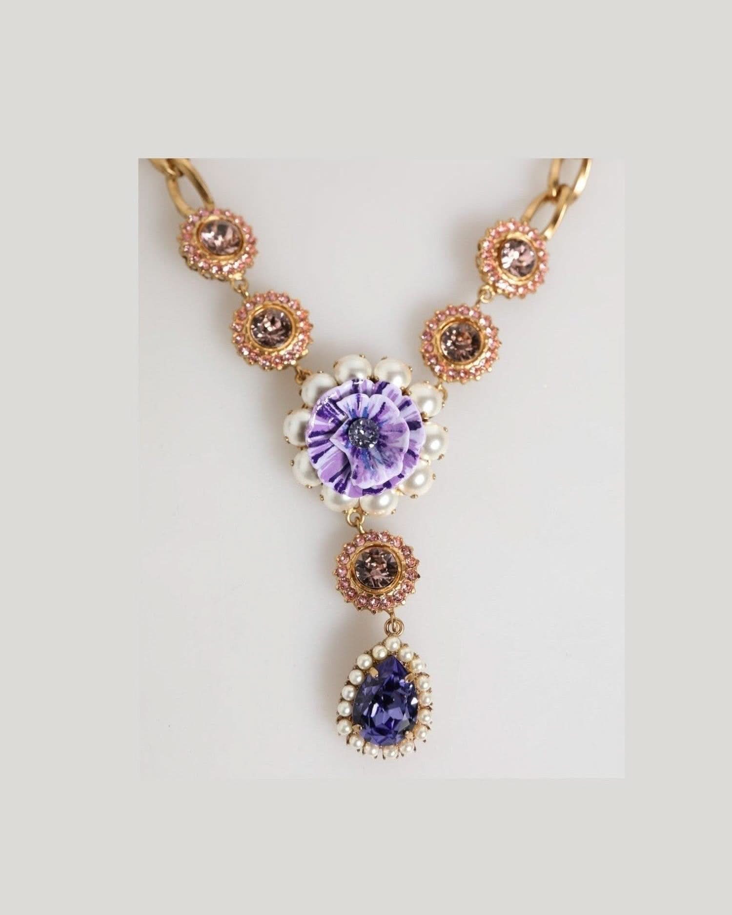 Dolce & Gabbana Purple Brass Crystal Pearl Floral Pendant Jewelry Necklace Necklaces