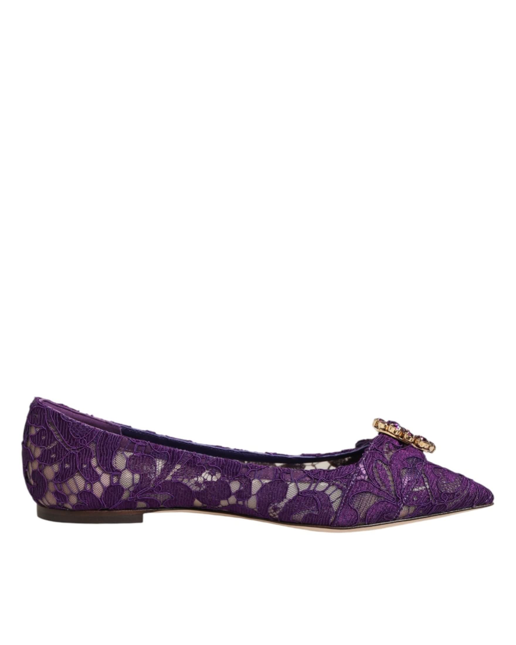 Dolce & Gabbana Purple Lace Taormina Crystals Flats Shoes Flats