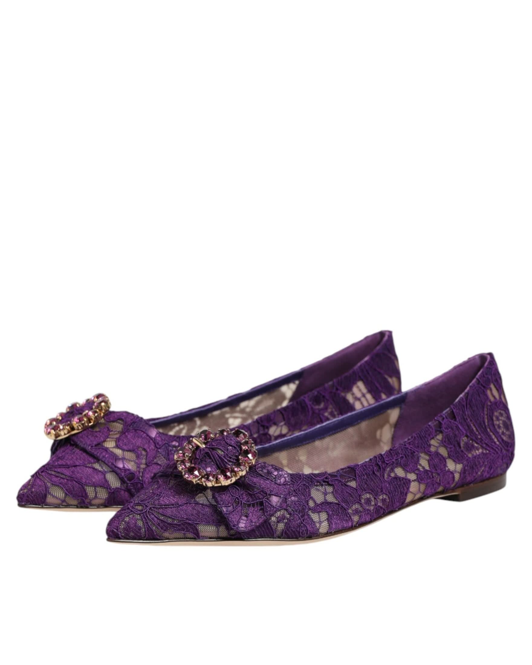 Dolce & Gabbana Purple Lace Taormina Crystals Flats Shoes Flats