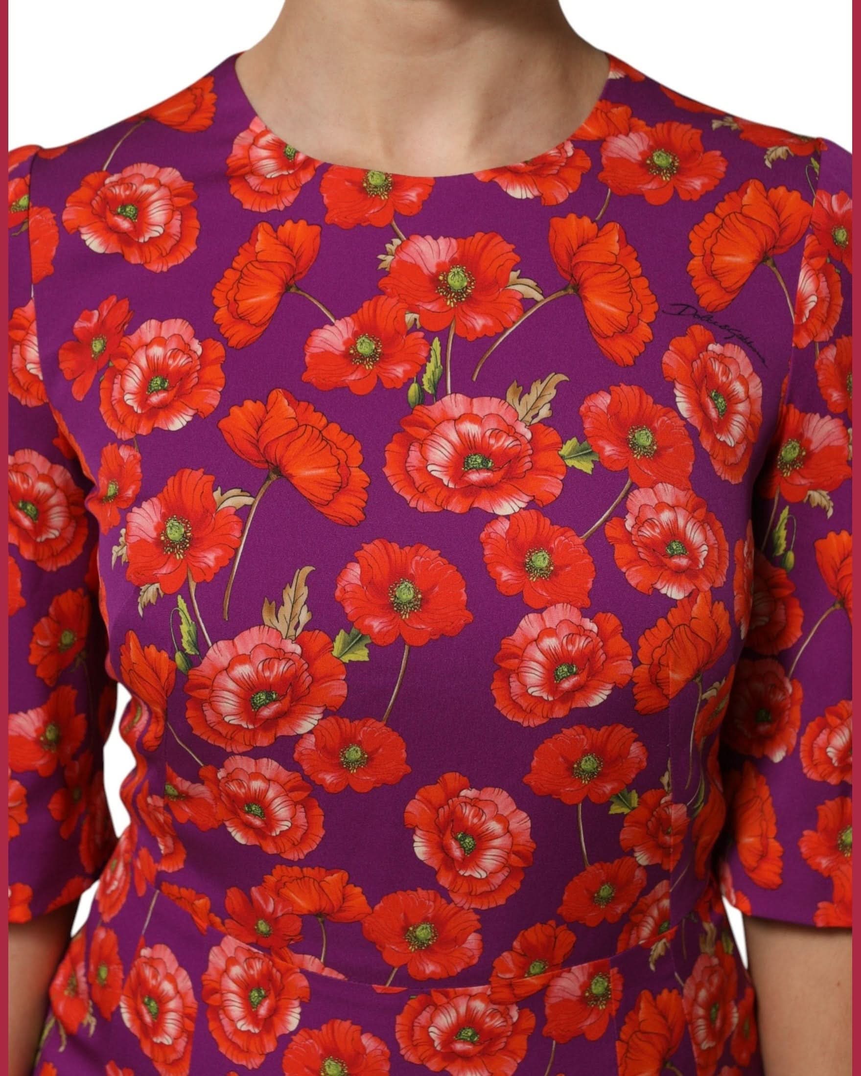 Dolce & Gabbana Purple Silk Floral Print Midi Sheath Dress