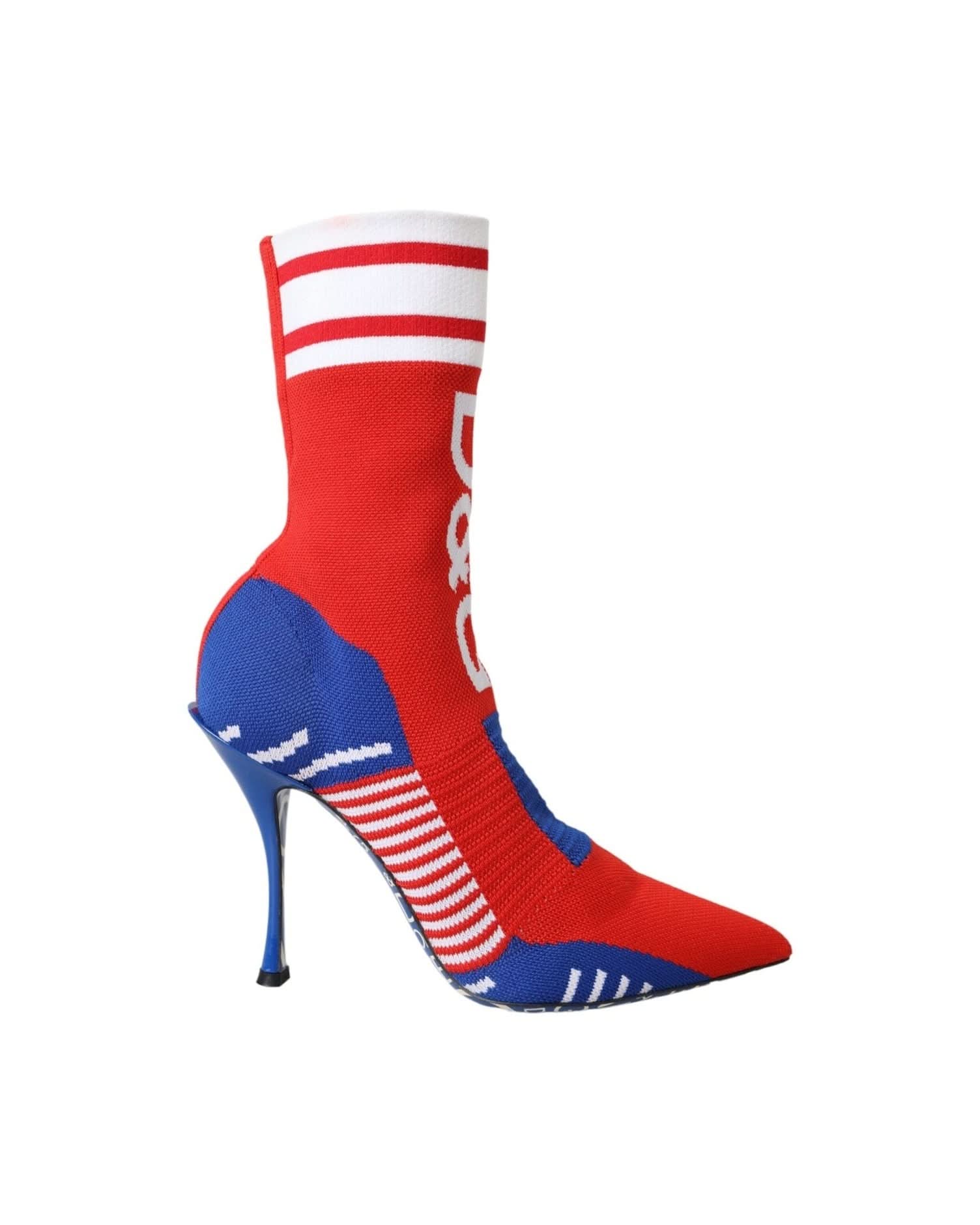Dolce & Gabbana Red Blue Stretch Sock Style Ankle Boots Logo Shoes Boots