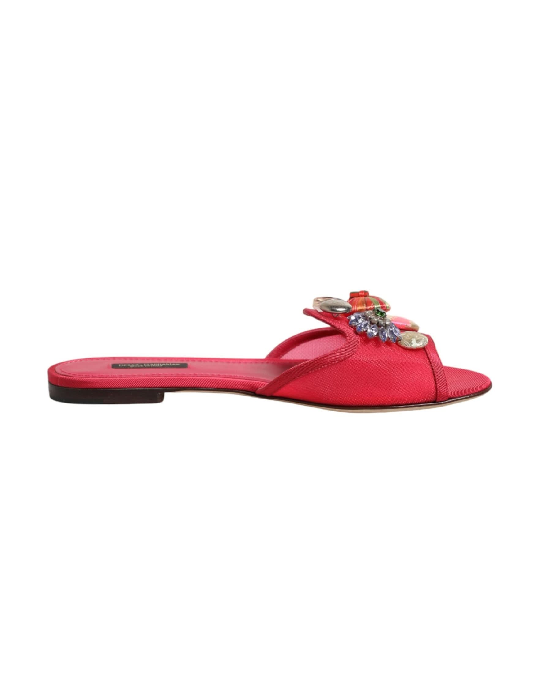 Dolce & Gabbana Red Embellished Flats Slip On Sandals Shoes Flats