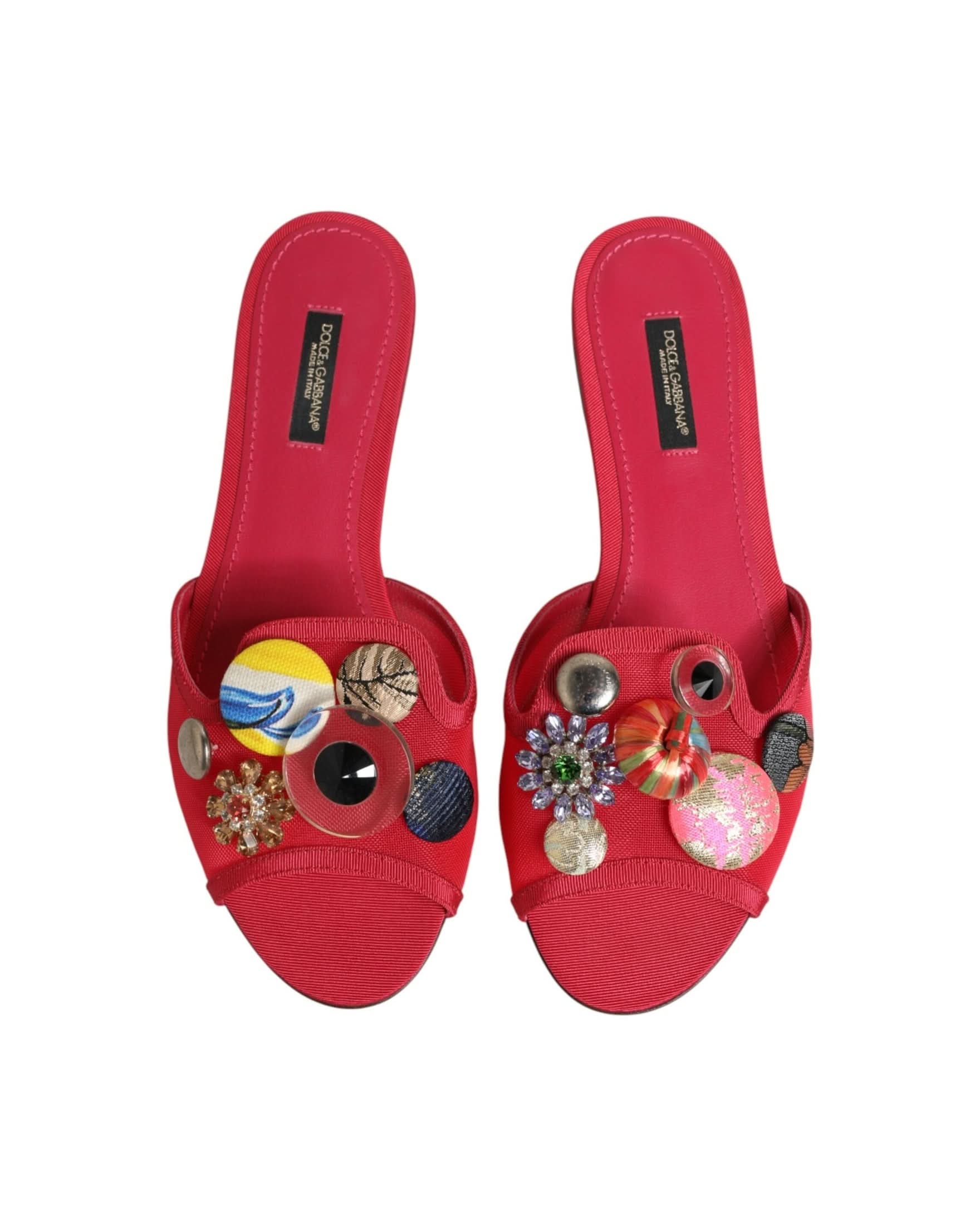 Dolce & Gabbana Red Embellished Flats Slip On Sandals Shoes Flats