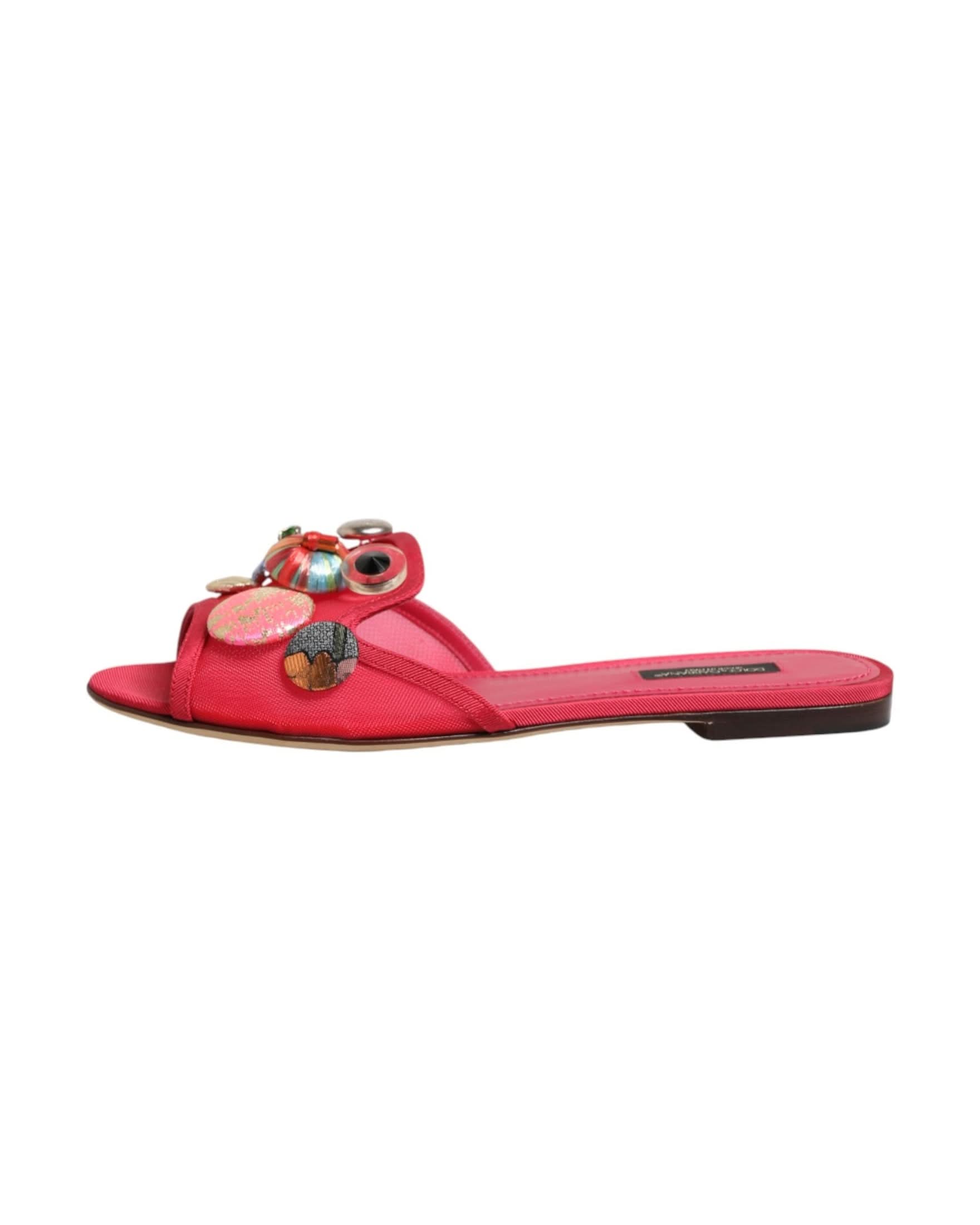 Dolce & Gabbana Red Embellished Flats Slip On Sandals Shoes Flats