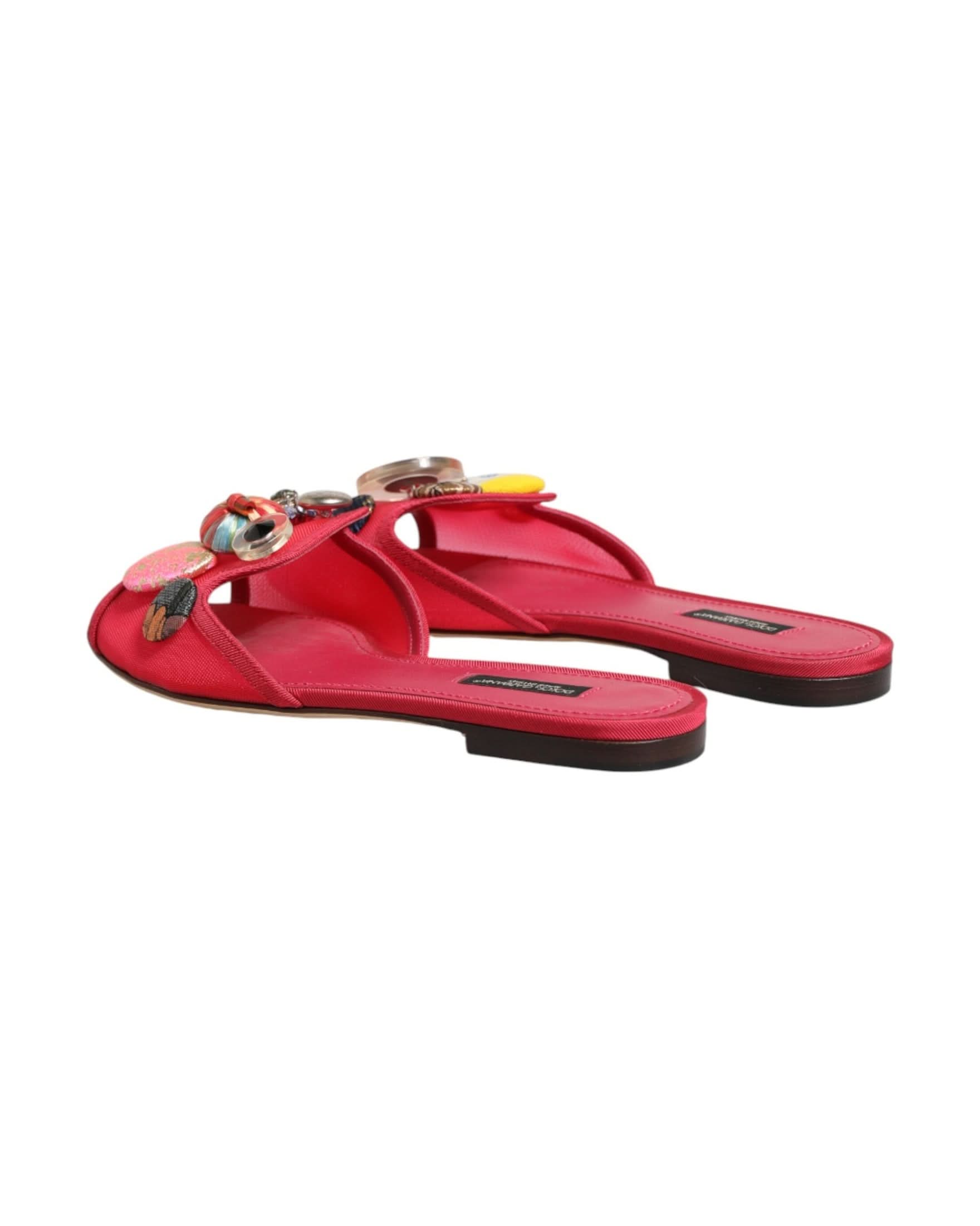 Dolce & Gabbana Red Embellished Flats Slip On Sandals Shoes Flats