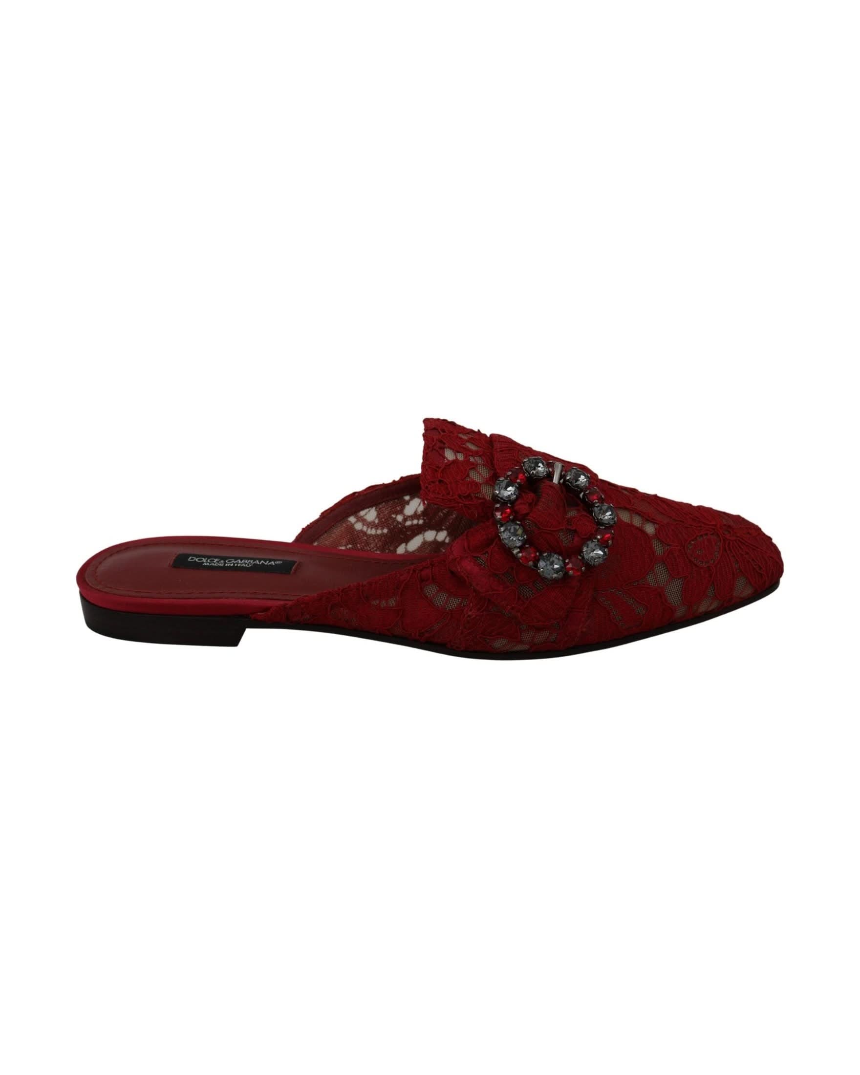 Dolce & Gabbana Red Lace Crystal Slide On Flats Shoes Flats