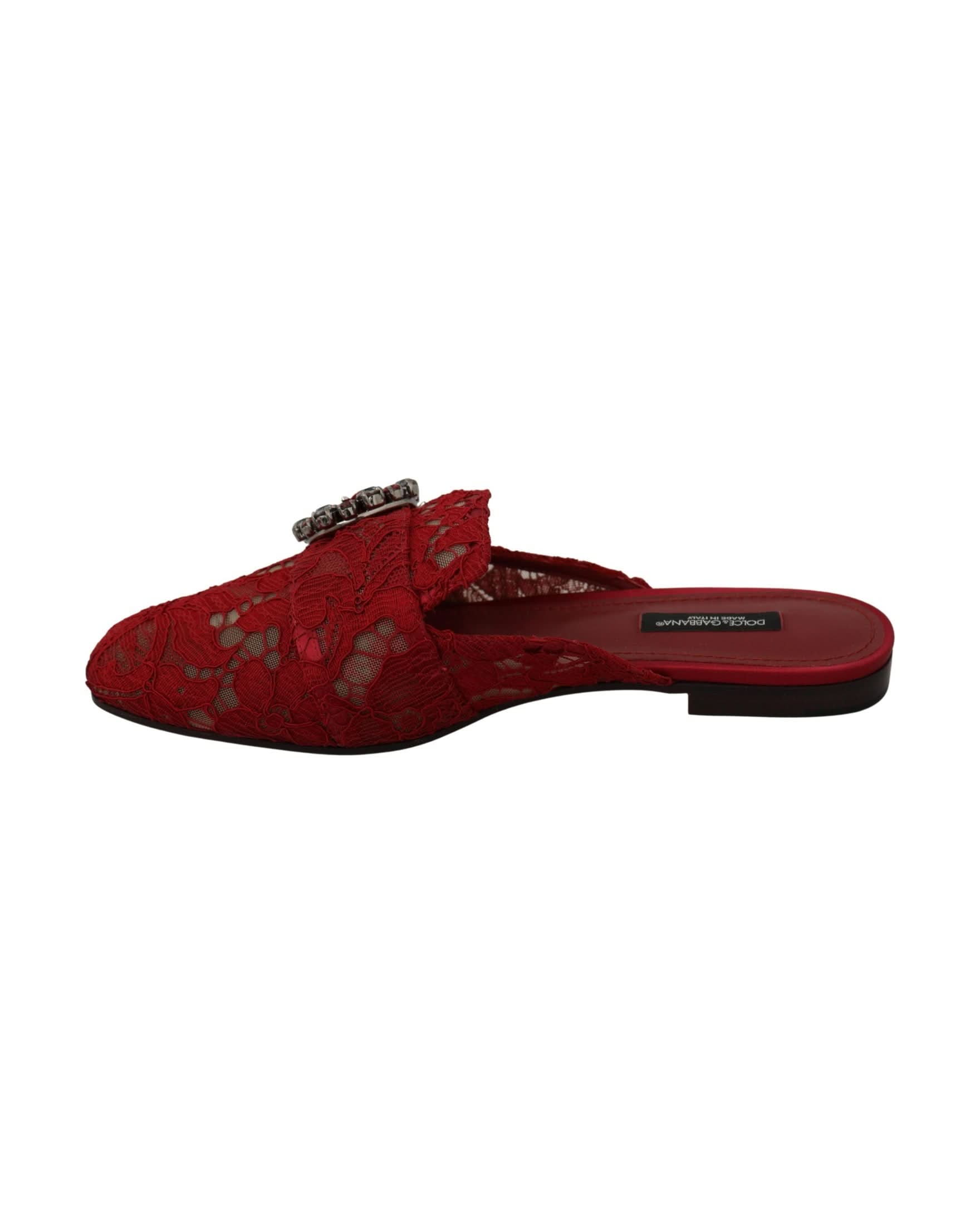 Dolce & Gabbana Red Lace Crystal Slide On Flats Shoes Flats