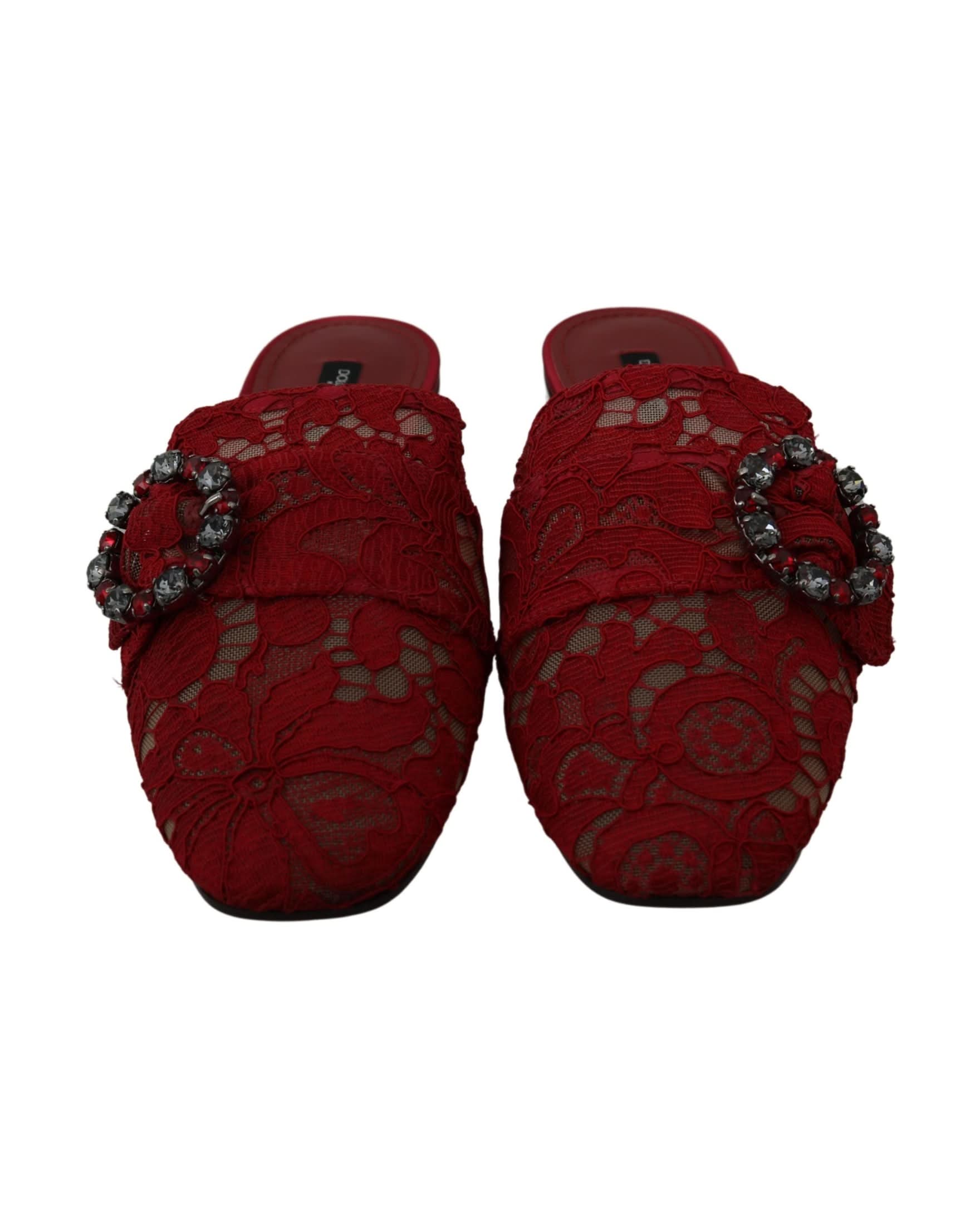 Dolce & Gabbana Red Lace Crystal Slide On Flats Shoes Flats