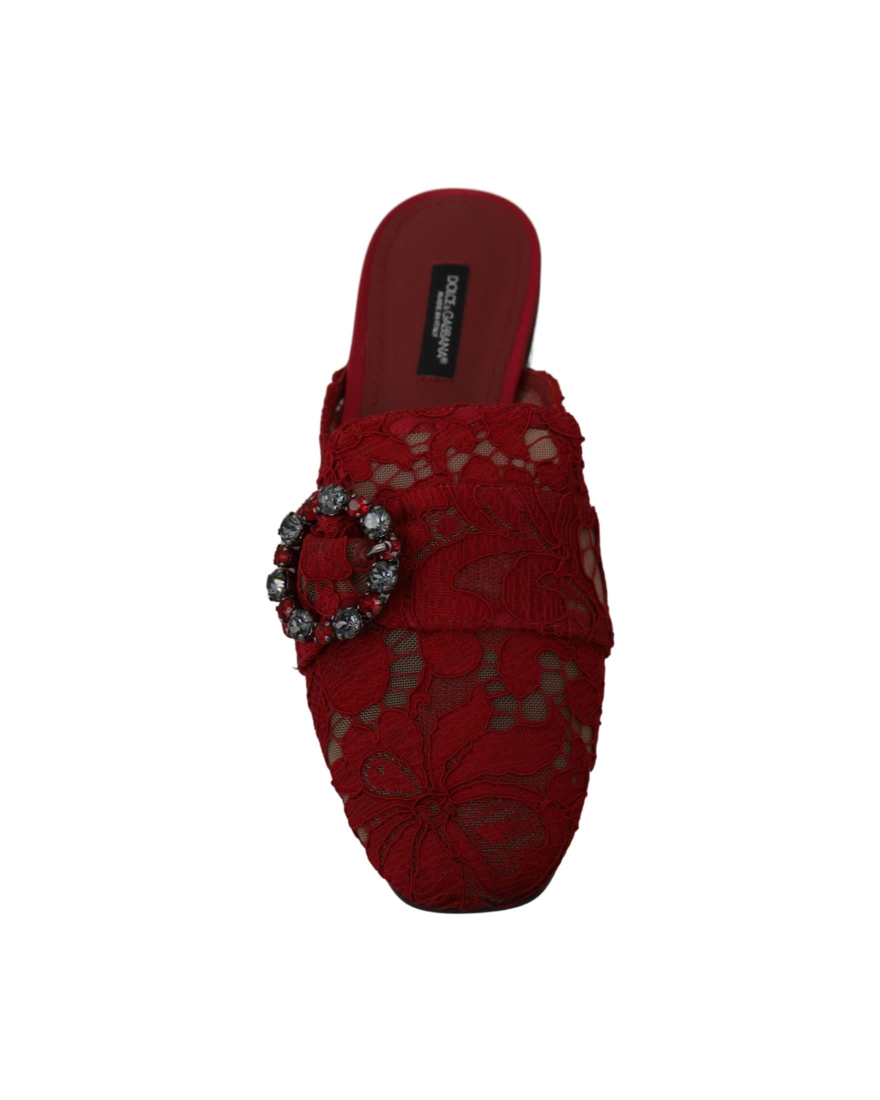 Dolce & Gabbana Red Lace Crystal Slide On Flats Shoes Flats