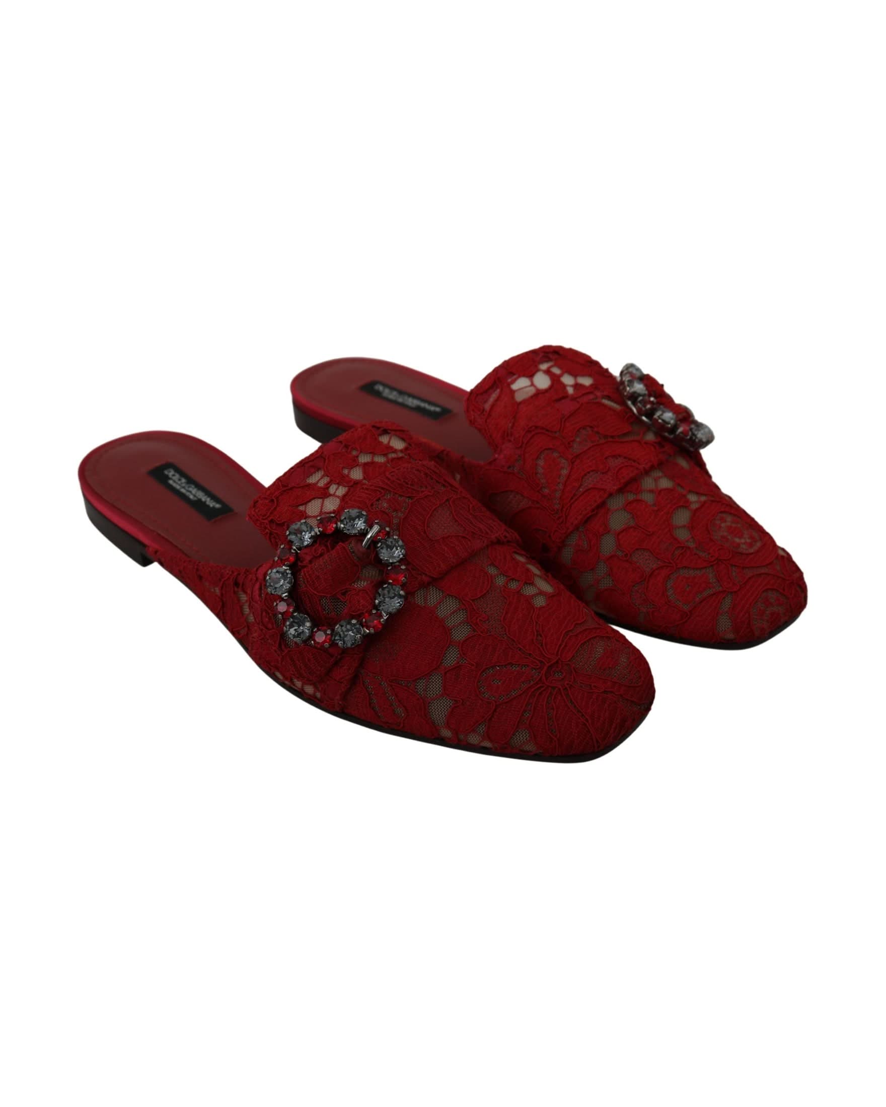 Dolce & Gabbana Red Lace Crystal Slide On Flats Shoes Flats