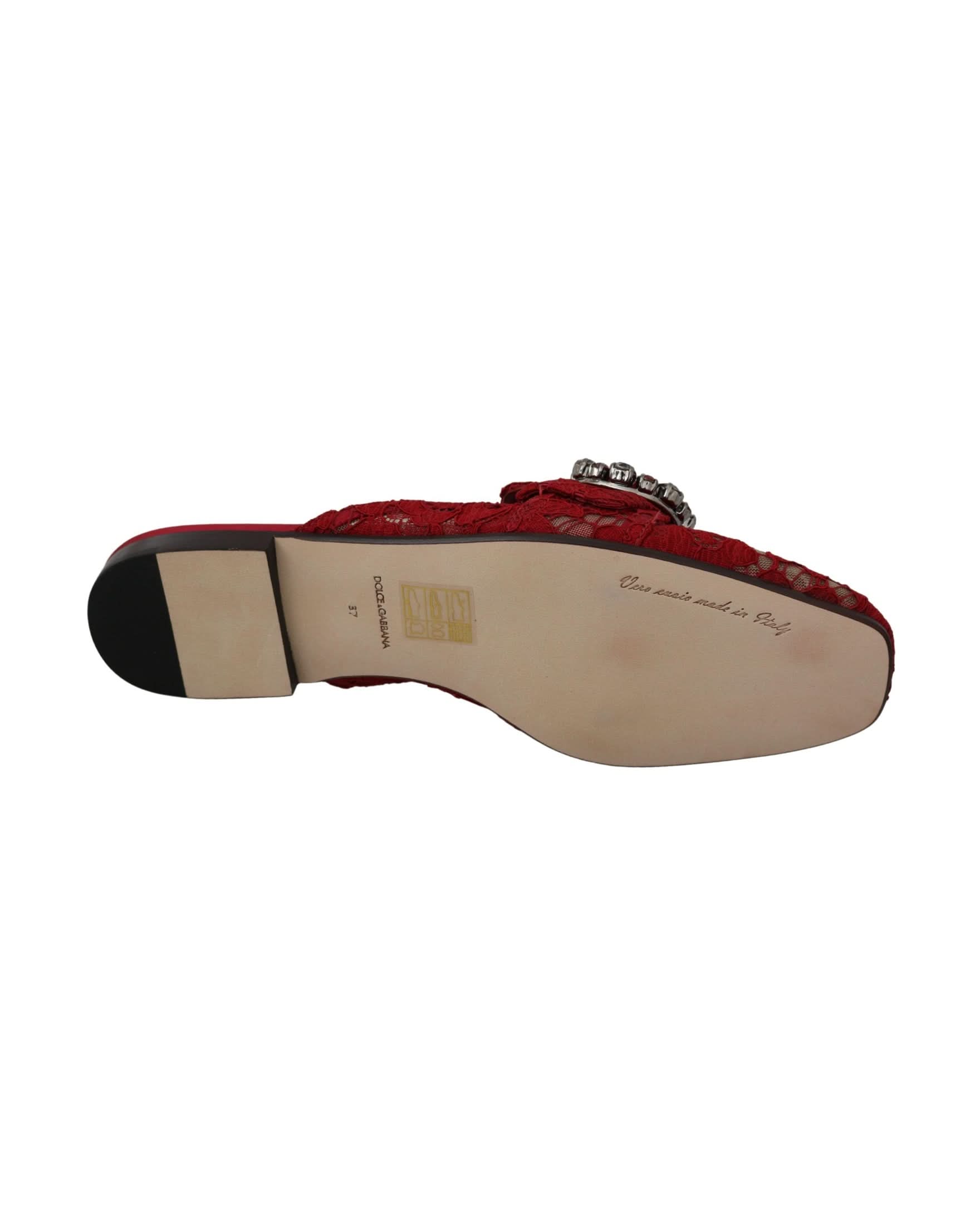 Dolce & Gabbana Red Lace Crystal Slide On Flats Shoes Flats