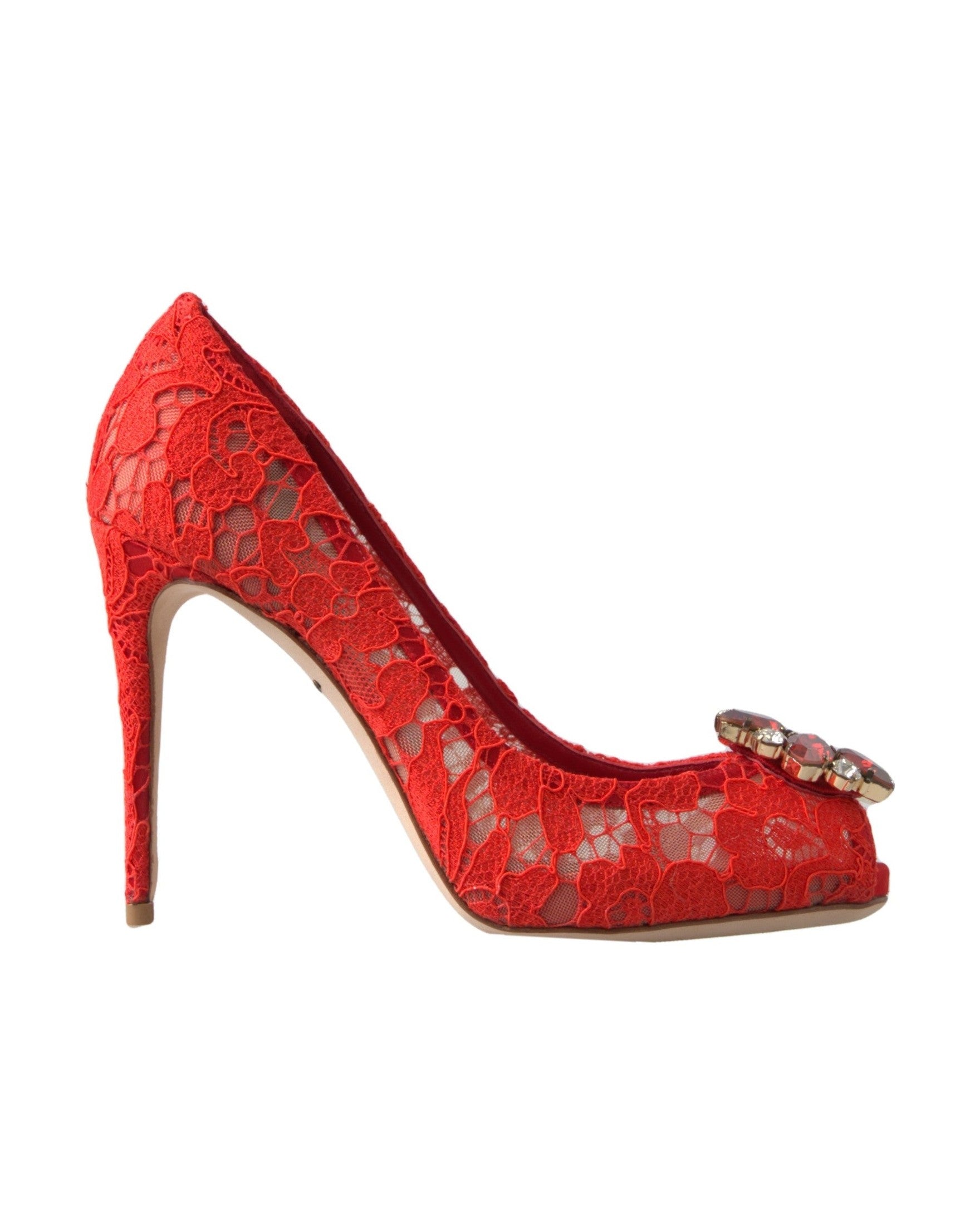 Dolce & Gabbana Red Lace Taormina Crystal Heels Pumps Shoes Glam Steals