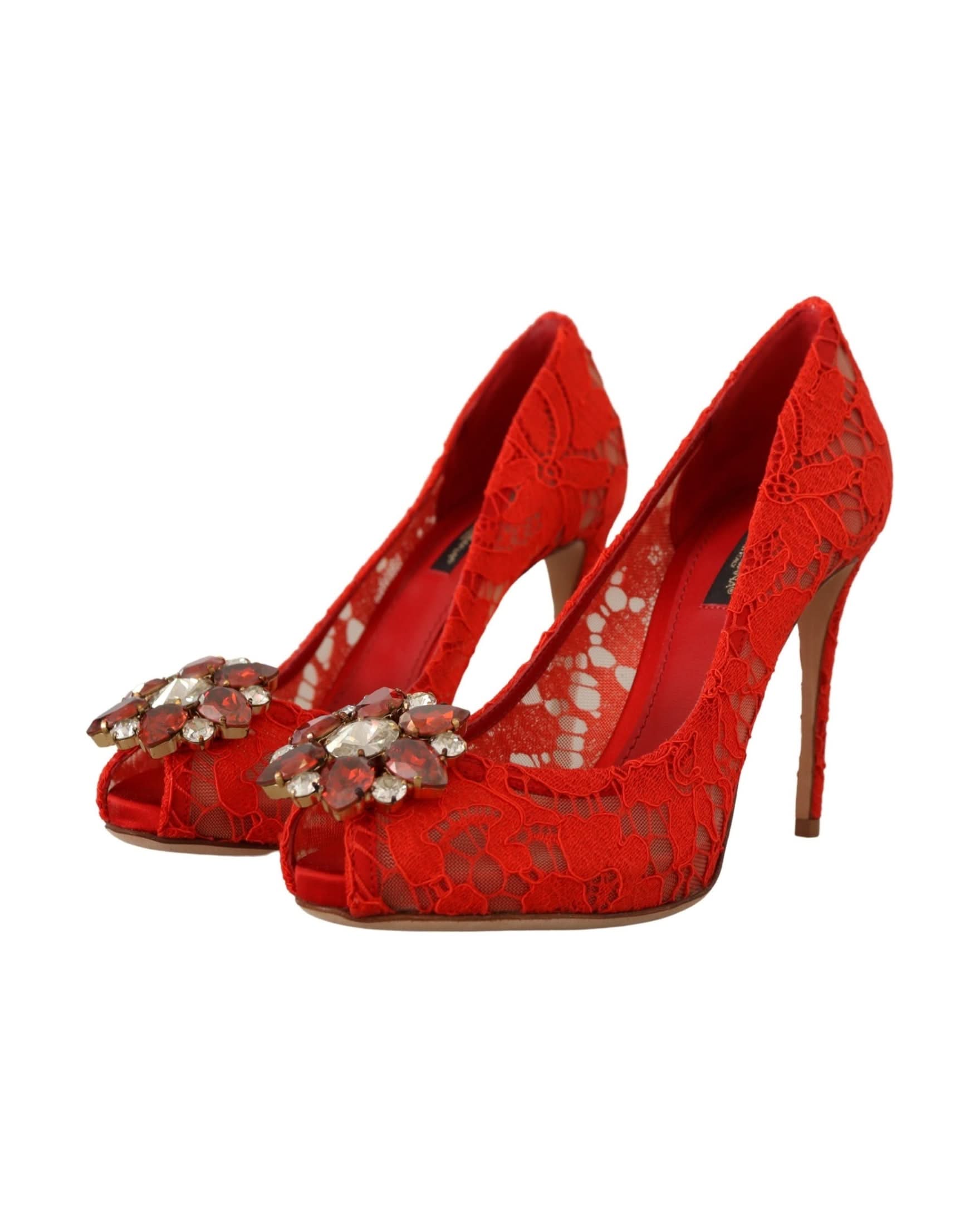 Dolce & Gabbana Red Lace Taormina Crystal Heels Pumps Heels