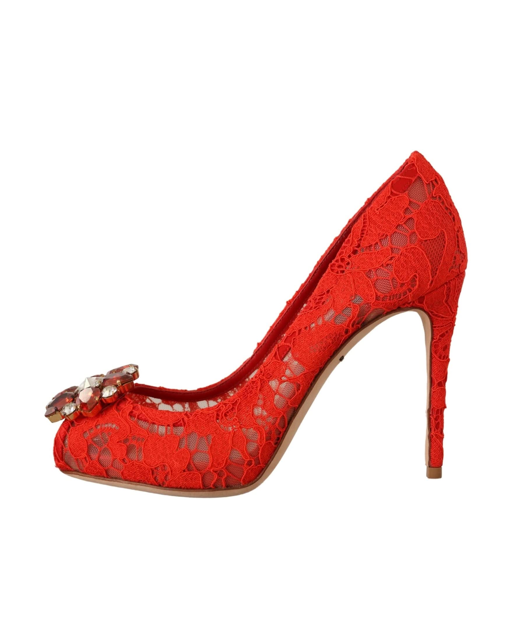 Dolce & Gabbana Red Lace Taormina Crystal Heels Pumps Heels