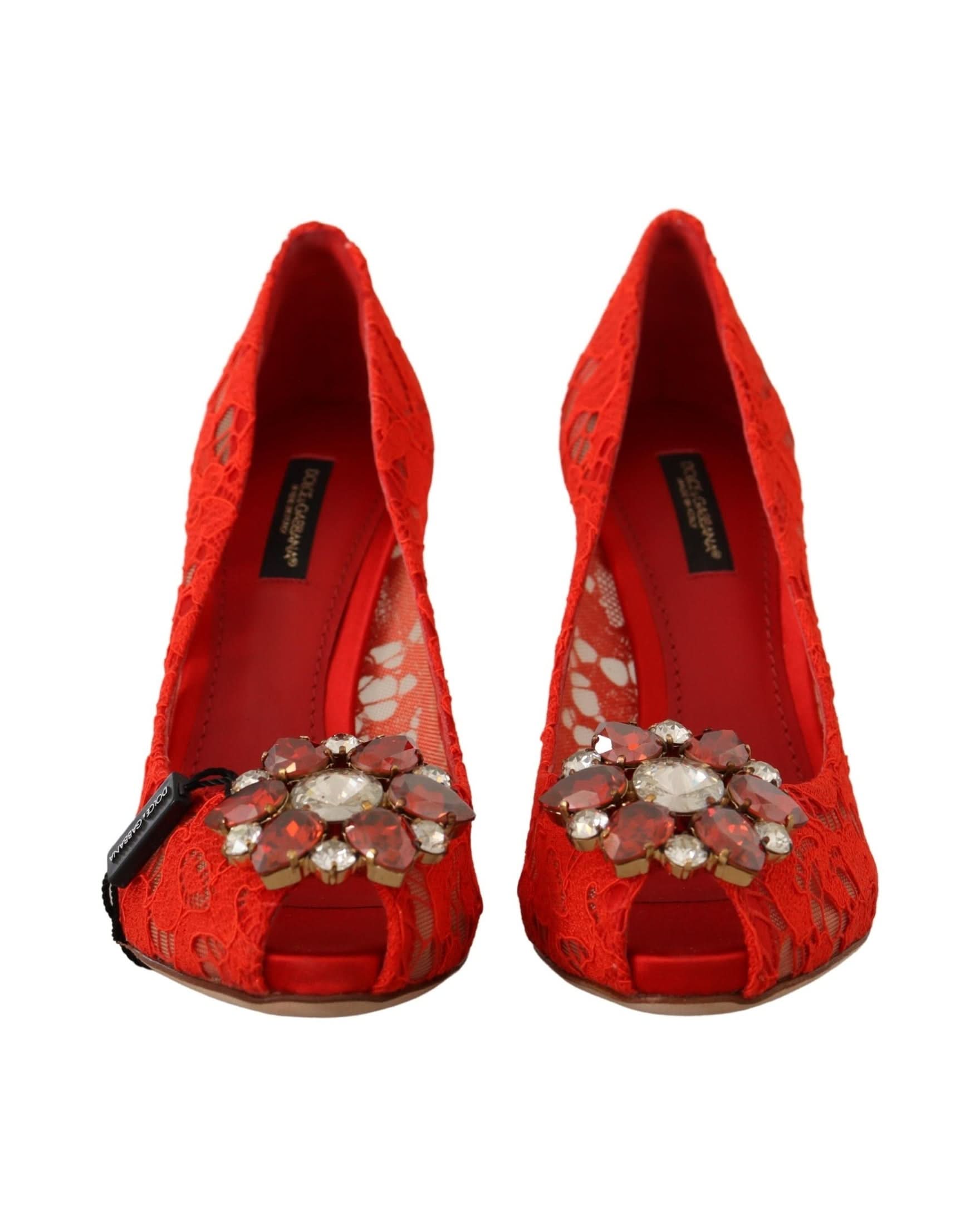 Dolce & Gabbana Red Lace Taormina Crystal Heels Pumps Heels