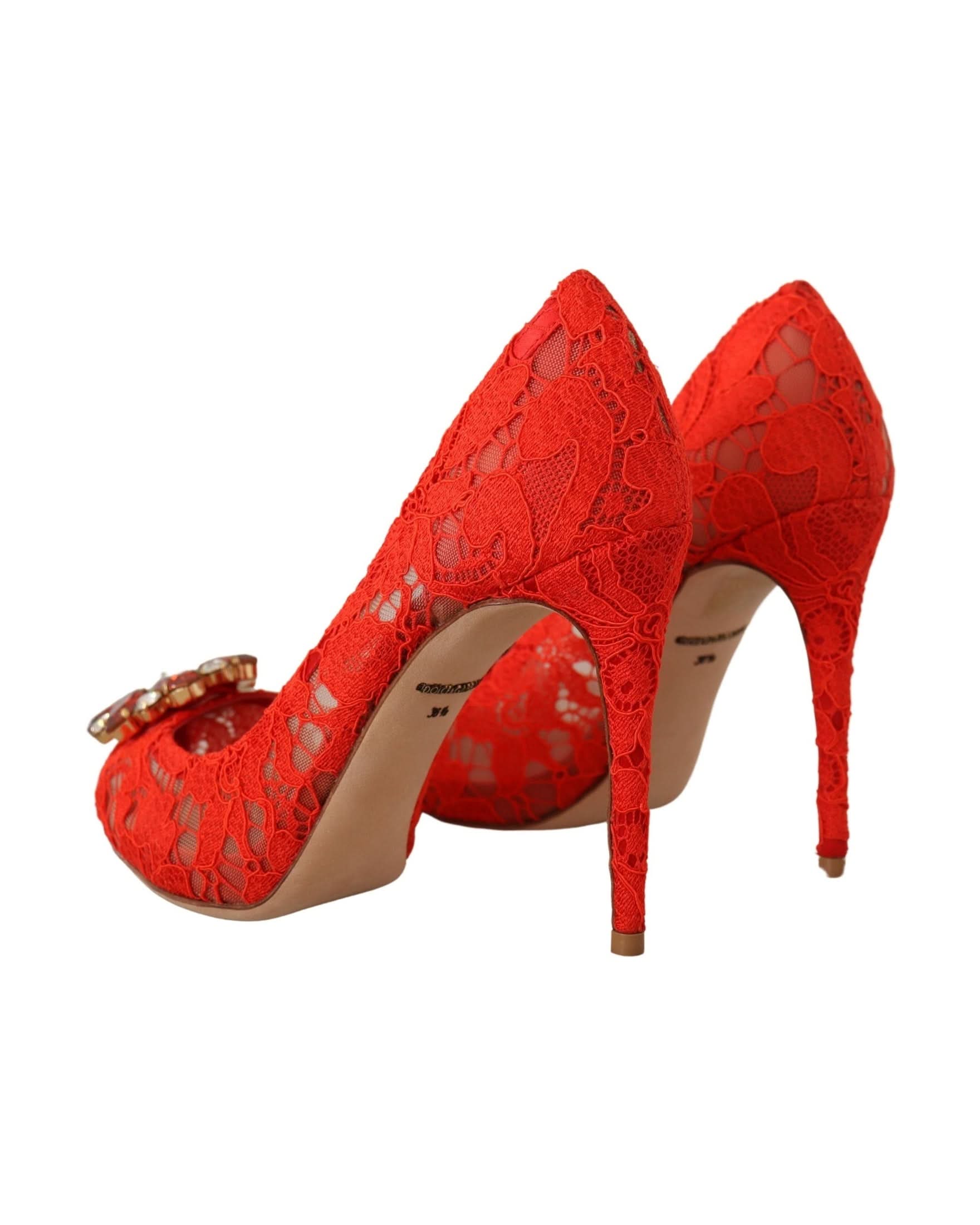 Dolce & Gabbana Red Lace Taormina Crystal Heels Pumps Heels