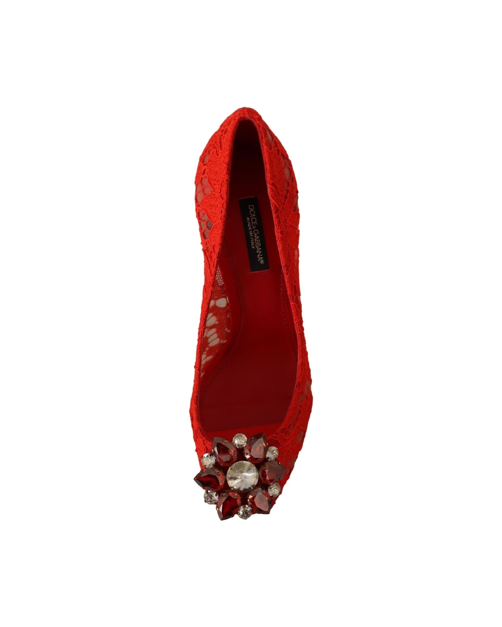 Dolce & Gabbana Red Lace Taormina Crystal Heels Pumps Heels