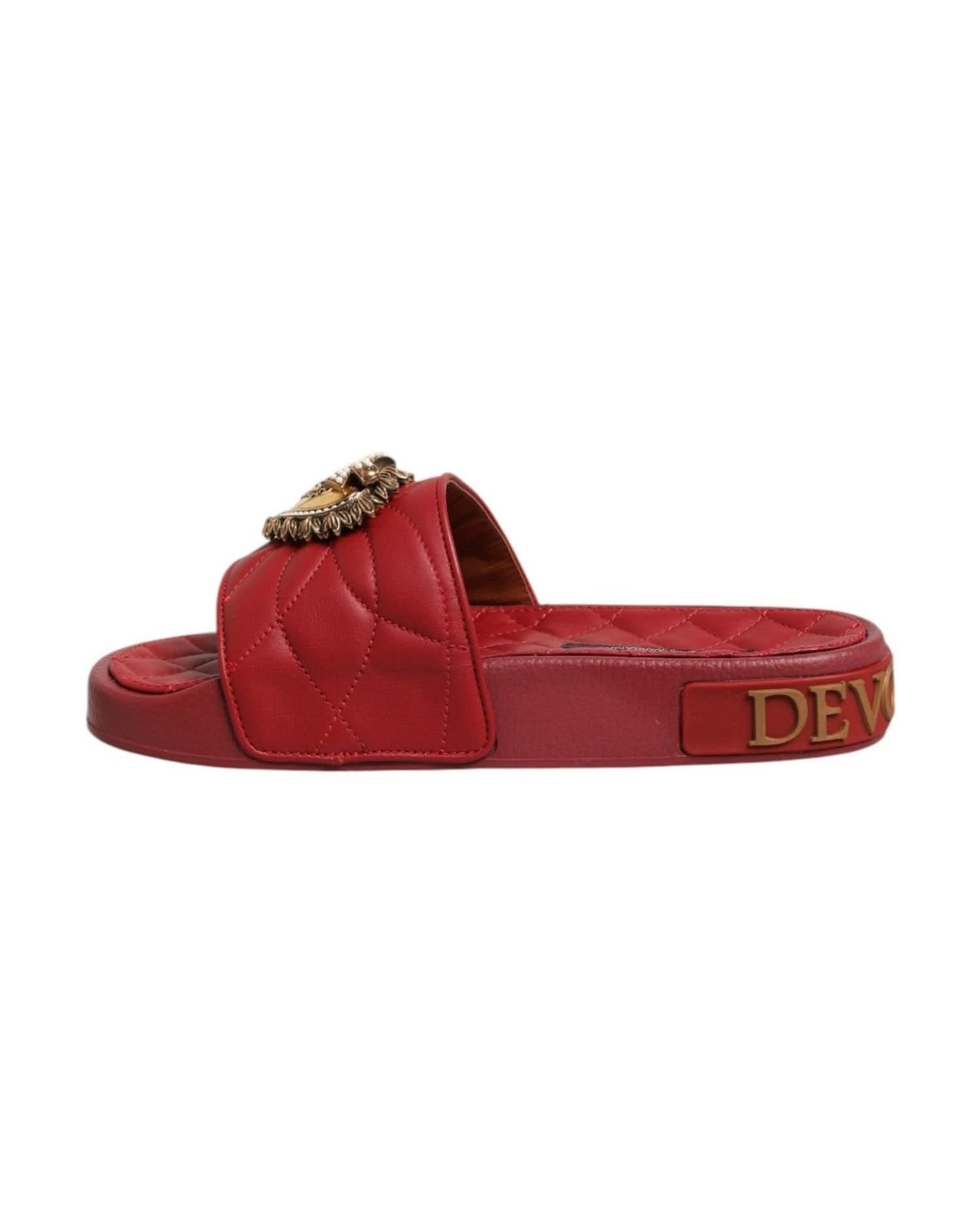 Dolce & Gabbana Red Leather Devotion Matelassé Slides Shoes Sandals