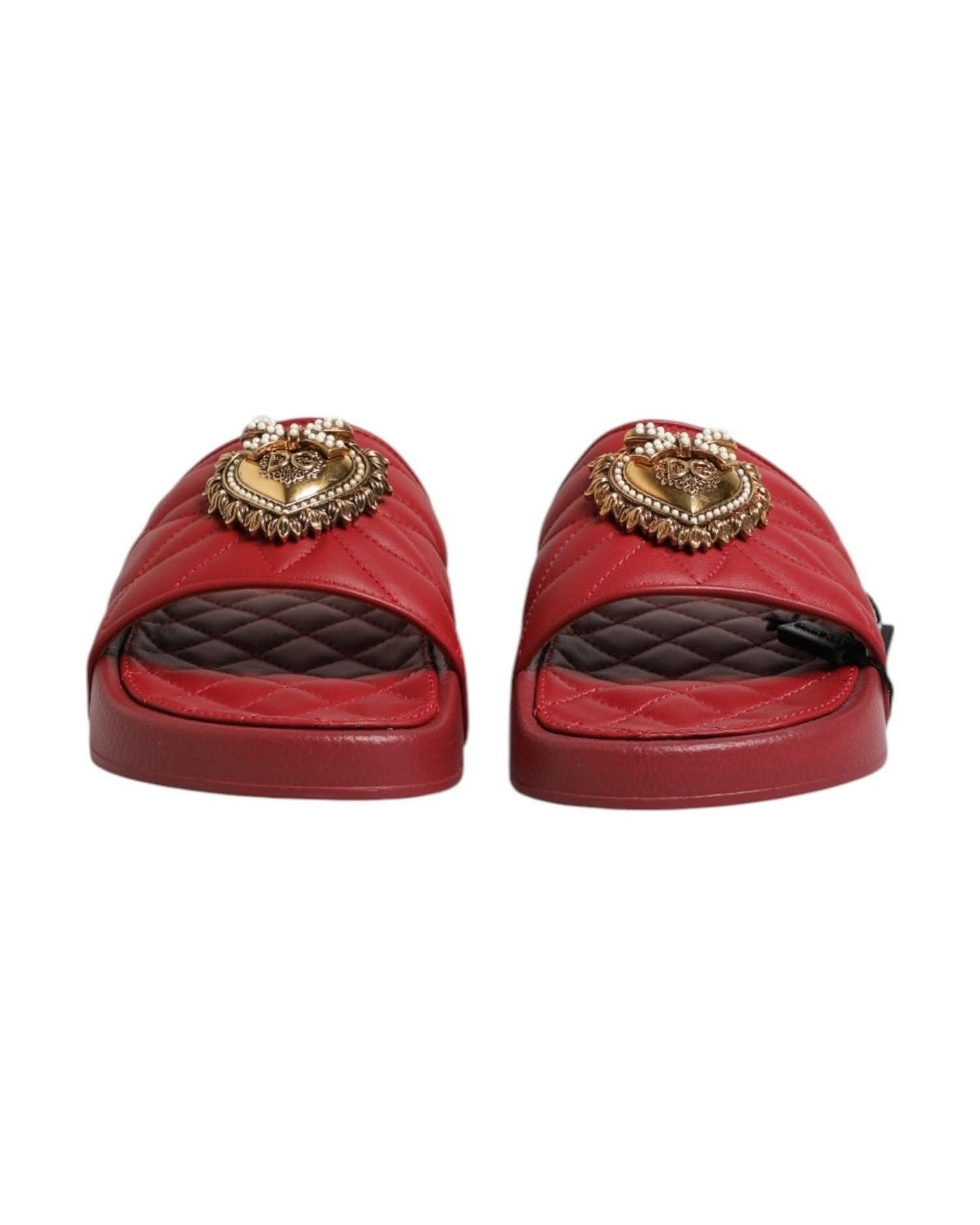 Dolce & Gabbana Red Leather Devotion Matelassé Slides Shoes Sandals