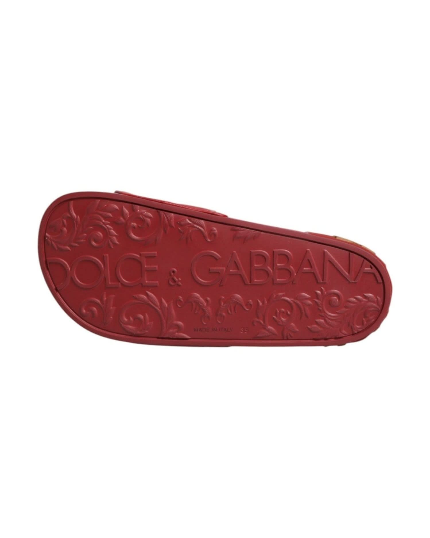 Dolce & Gabbana Red Leather Devotion Matelassé Slides Shoes Sandals
