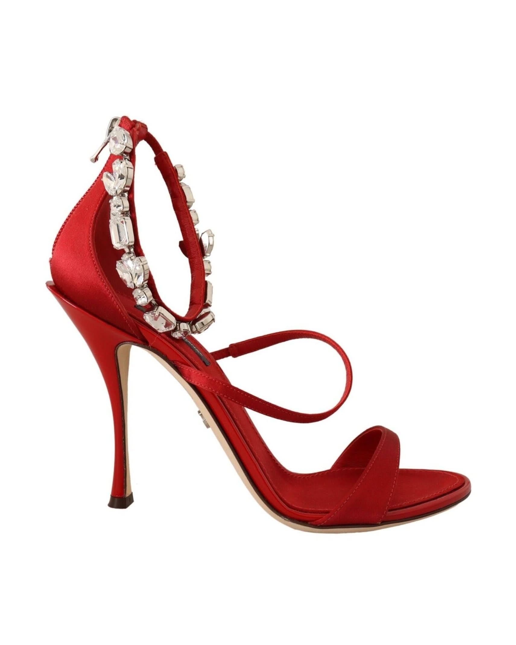 Dolce & Gabbana Red Satin Crystals Sandals Keira Heels Heels