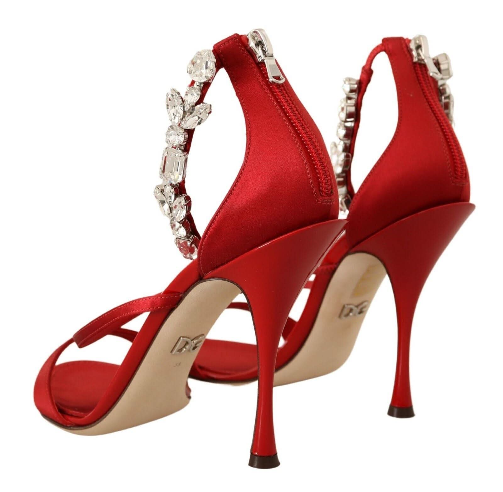 Dolce & Gabbana Red Satin Crystals Sandals Keira Heels Heels