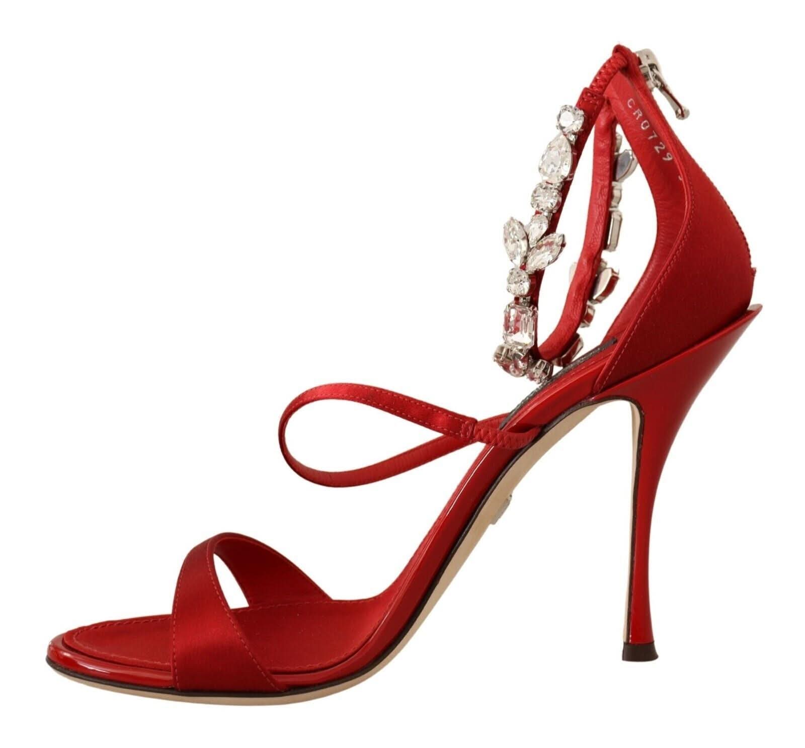 Dolce & Gabbana Red Satin Crystals Sandals Keira Heels Heels