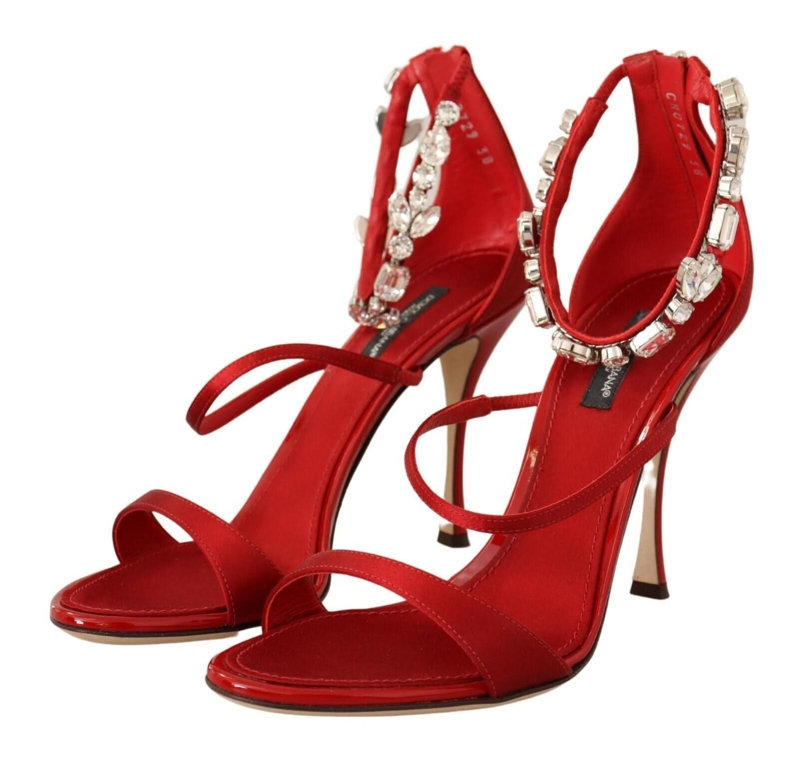 Dolce & Gabbana Red Satin Crystals Sandals Keira Heels Heels