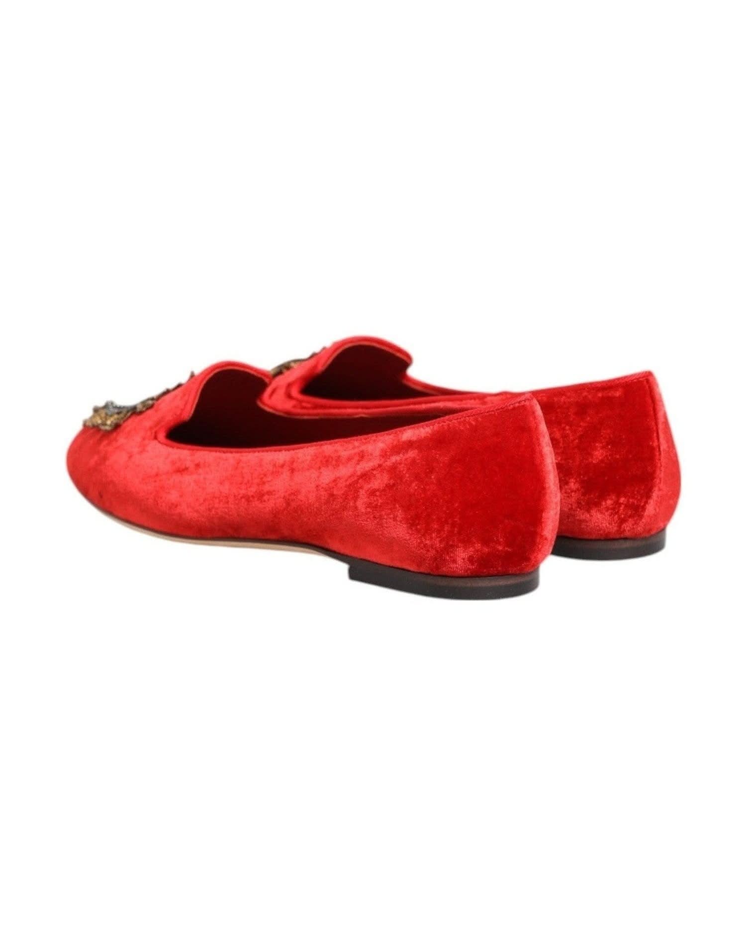 Dolce & Gabbana Red Velvet Dg Heart Loafers Flat Shoes Shoes